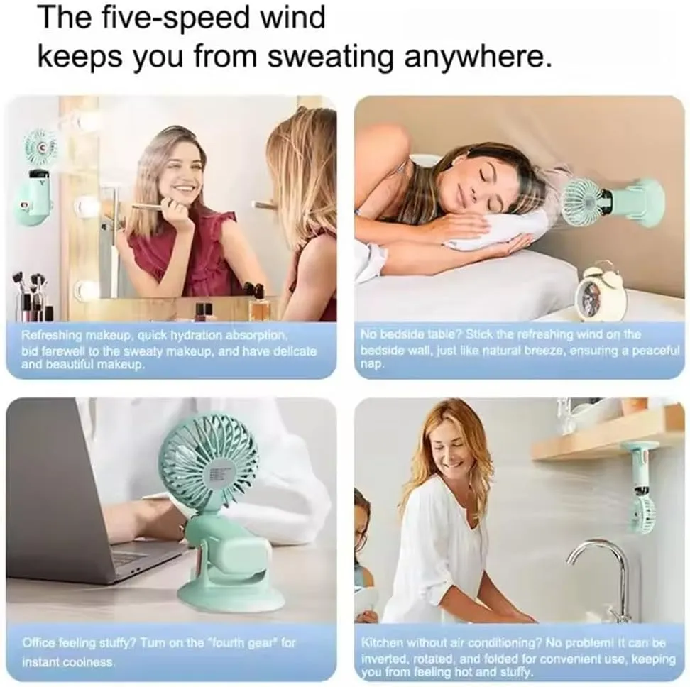 Versatile 4-in-1 Portable Handheld Fan, 360 Rotating Folding Handheld Fan, 5 Speed Adjustable, 2400mAh Rechargeable Mini Fans with Base, for Handheld, Neck, Desktop, Wall Mounted (Blue)