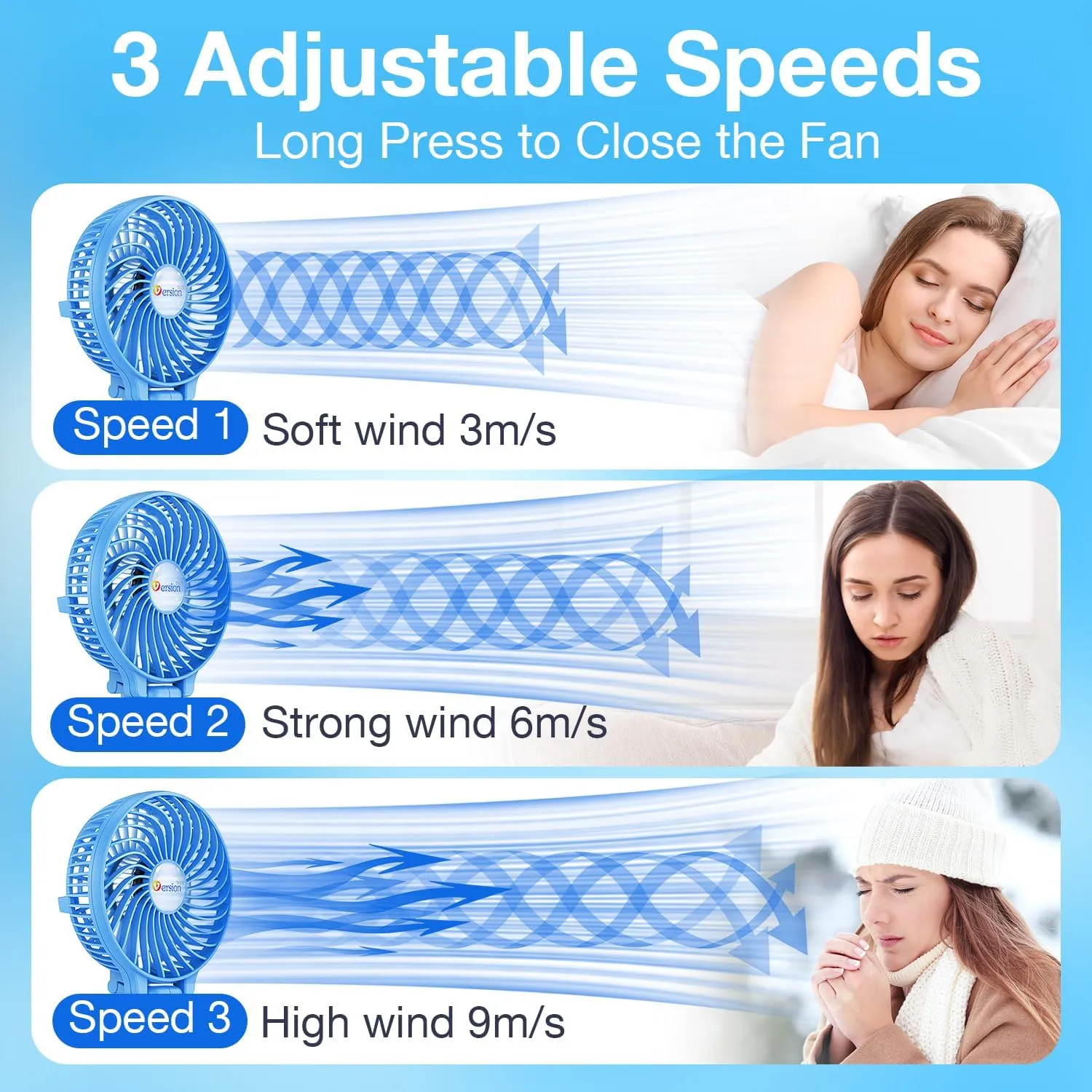 VersionTECH. Portable Handheld Fan, Powerful Durable 4000mAh 180 Foldable, Mini Table Fans with USB Rechargeable Battery Operated Cooling Accessories for Personal Use, Travel, Office Blue