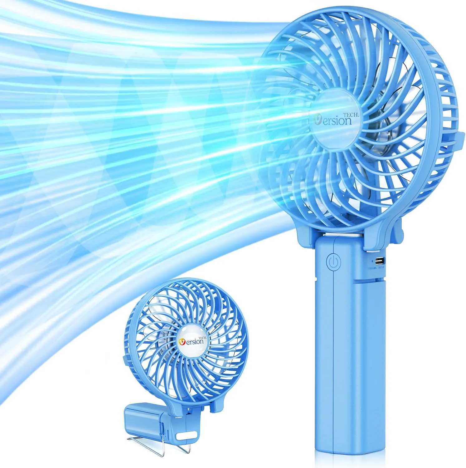 VersionTECH. Portable Handheld Fan, Powerful Durable 4000mAh 180 Foldable, Mini Table Fans with USB Rechargeable Battery Operated Cooling Accessories for Personal Use, Travel, Office Blue Mini handheld fan for personal cooling