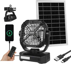 VEVOR 10400mAh Solar fan, Camping Fan with Solar Panel & LED Lantern, 7W 8 Inch Portable Rechargeable Battery Powered for Outside, 4-Speed and Quiet Operated for Picnic, Barbecue, Fishing, Travel Solar-powered car fan for ventilation