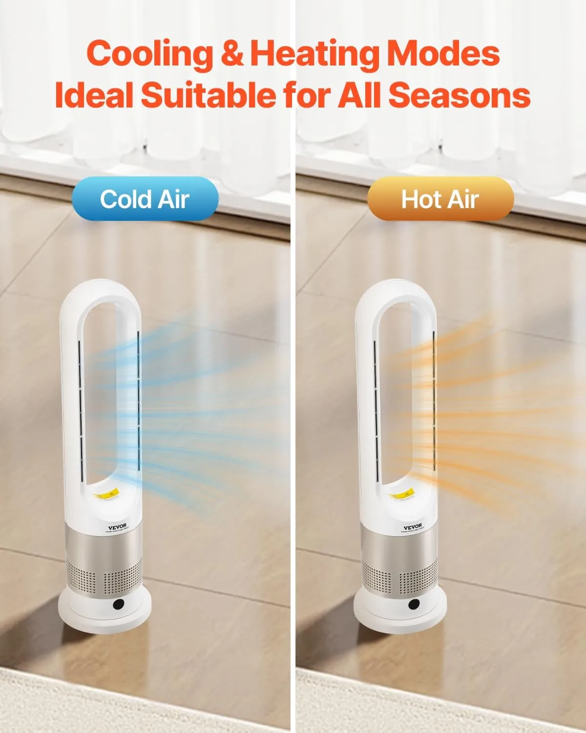 VEVOR Tower Fan Bladeless, 16 ft/s Velocity Quiet Floor Fan that Blows Cold & Heating Air, 80 Oscillating Fans with 8 Speeds, 9H Timer, Standing Fans with Remote Control for Bedroom, Office, Home