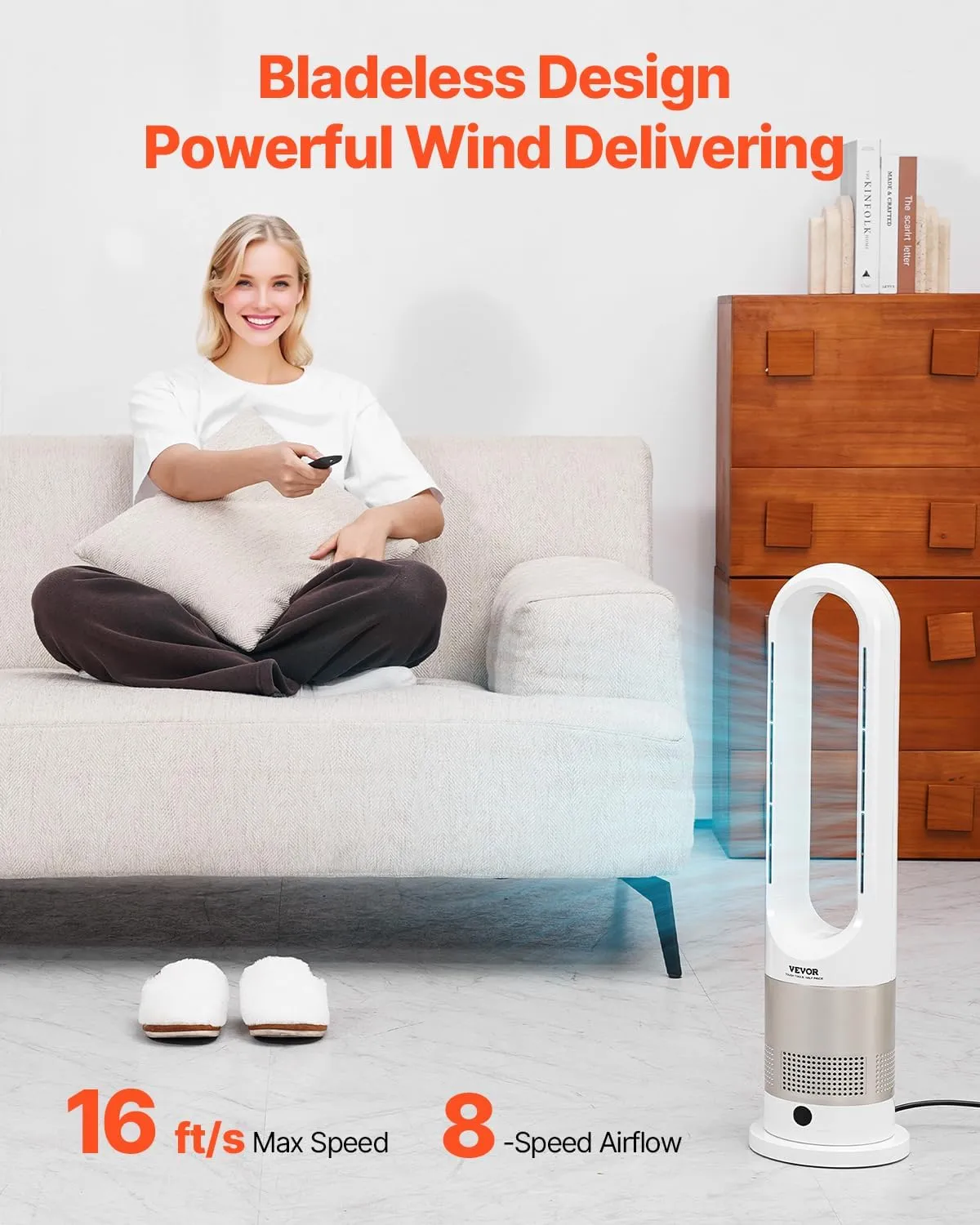 VEVOR Tower Fan Bladeless, 16 ft/s Velocity Quiet Floor Fan that Blows Cold & Heating Air, 80 Oscillating Fans with 8 Speeds, 9H Timer, Standing Fans with Remote Control for Bedroom, Office, Home