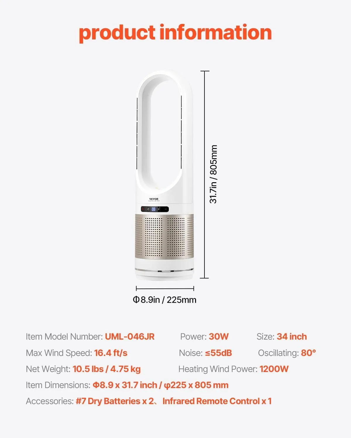 VEVOR Tower Fan Bladeless, 16.4ft/s Velocity Floor Fan that Blows Cold Air, 80 Oscillating 8-Speed Fans, 8H Timer, Standing Fans with H13 HEPA Filtration, Remote Control & Air Purification Mode