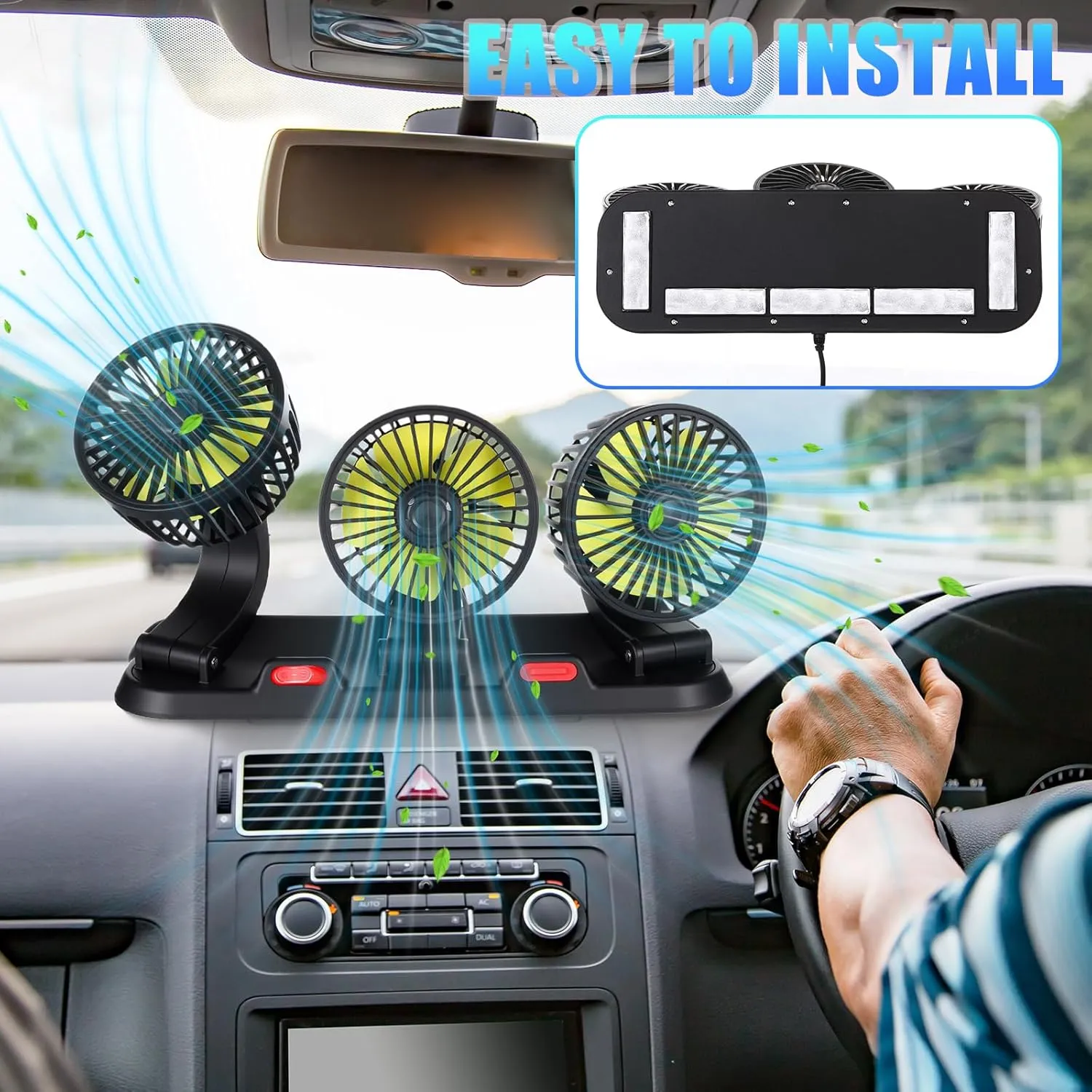 VIHOSE 2 Pcs 3-head Car Cooling Fan 12v Portable Vehicle Cooling Fan, 2 Speeds Adjustable, 360 Rotating, Cigarette Lighter Powered for Vehicles Auto Suv Rv Sedan Van Boat