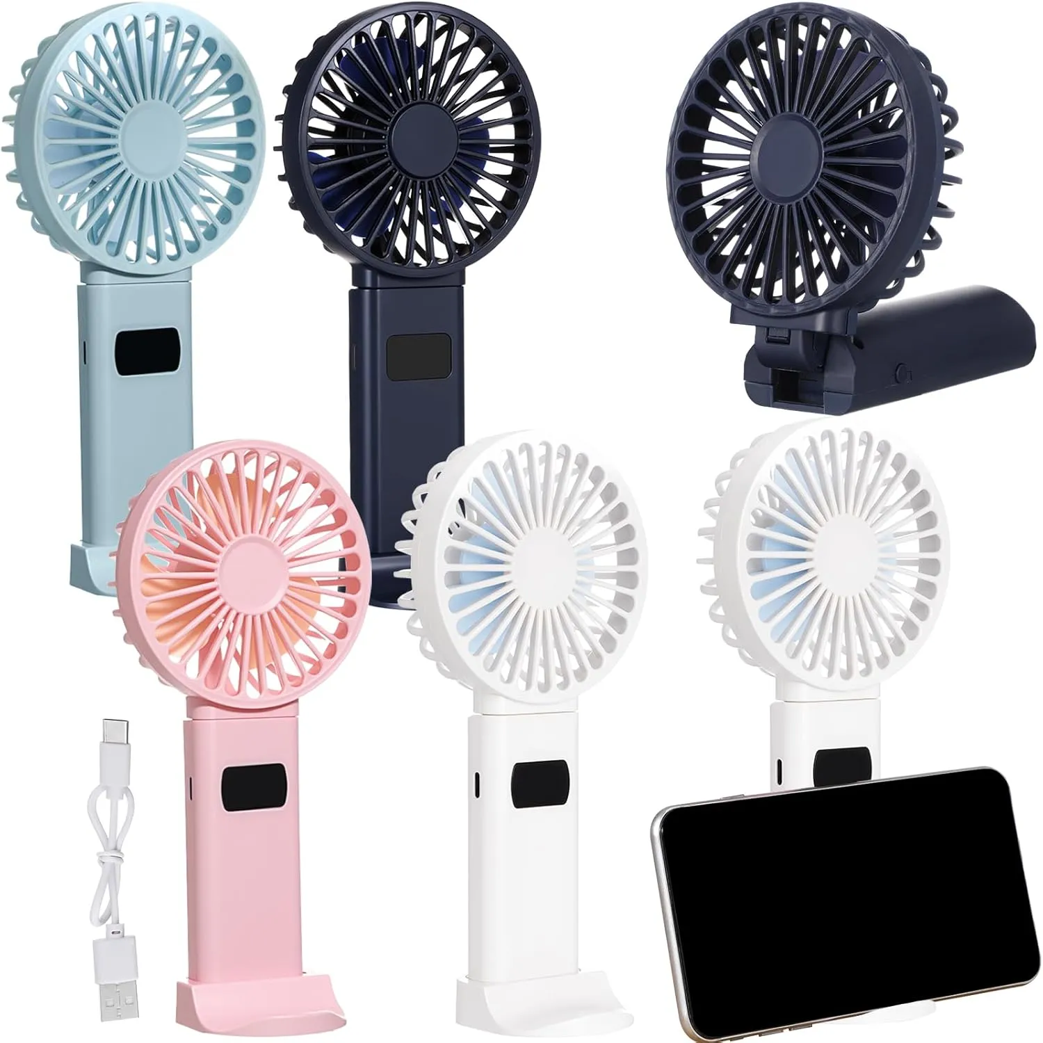 VIHOSE 6 Pcs Portable Handheld Fan Bulk with Displaying Electricity in Real Time,USB Rechargeable Foldable Fan,5 Speed Adjustable,Table Mobile Phone Holder Cooling for Travel Office Room Household Mini handheld fan for personal cooling