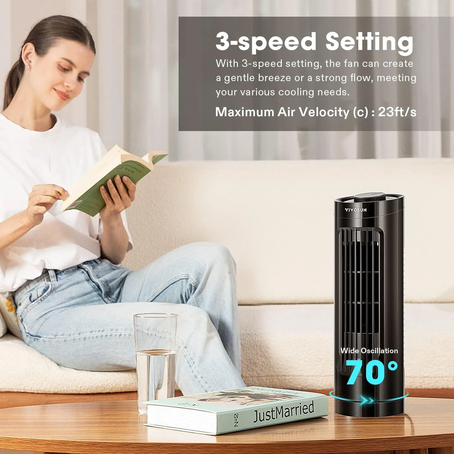 VIVOSUN 13'' Tower Fan, Bladeless Desk Fan with 3 Speeds and 70 Oscillation, Portable and Compact, Quiet Cooling Fan for Home and Office, Black