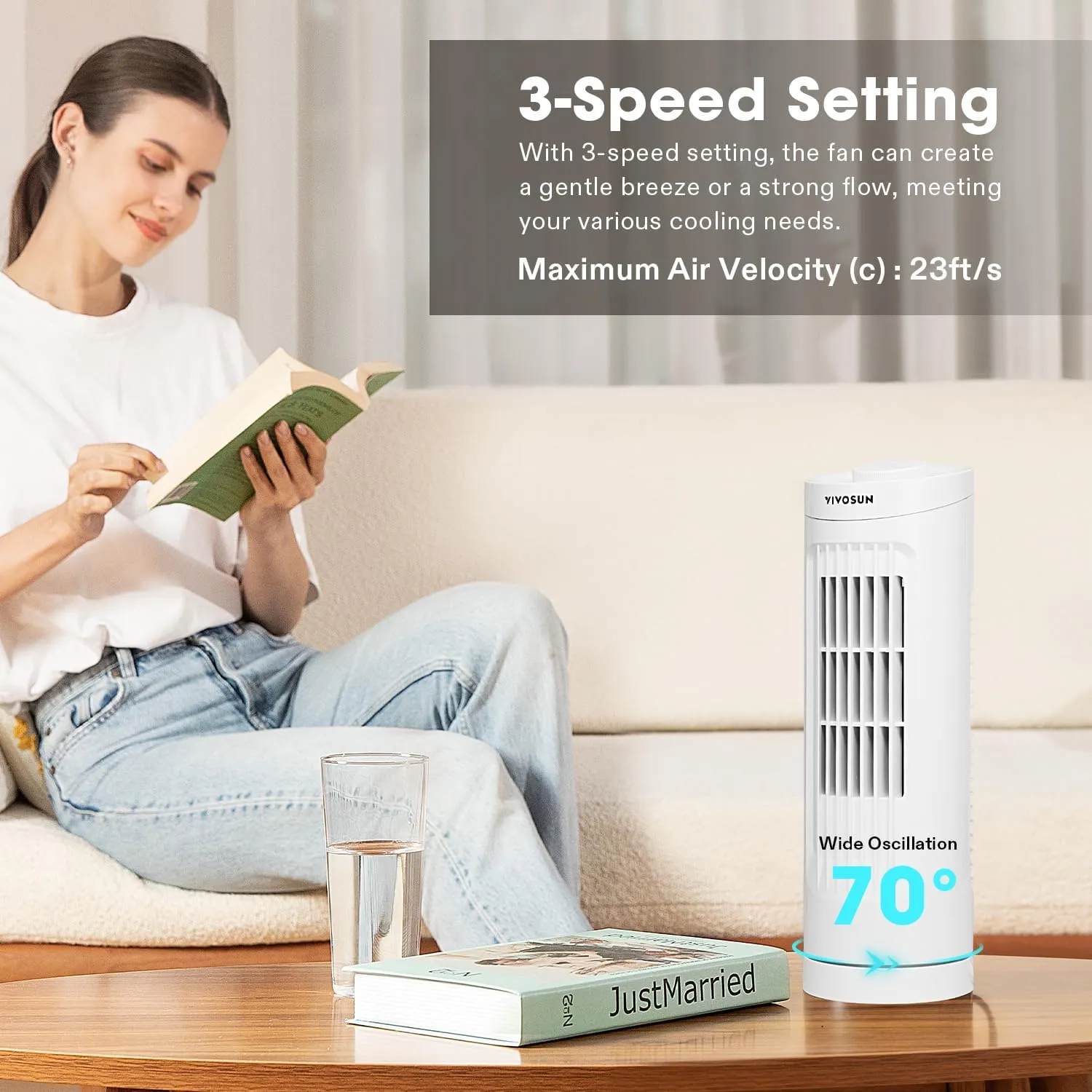 VIVOSUN 13'' Tower Fan, Bladeless Desk Fan with 3 Speeds and 70 Oscillation, Portable and Compact, Quiet Cooling Fan for Home and Office, White