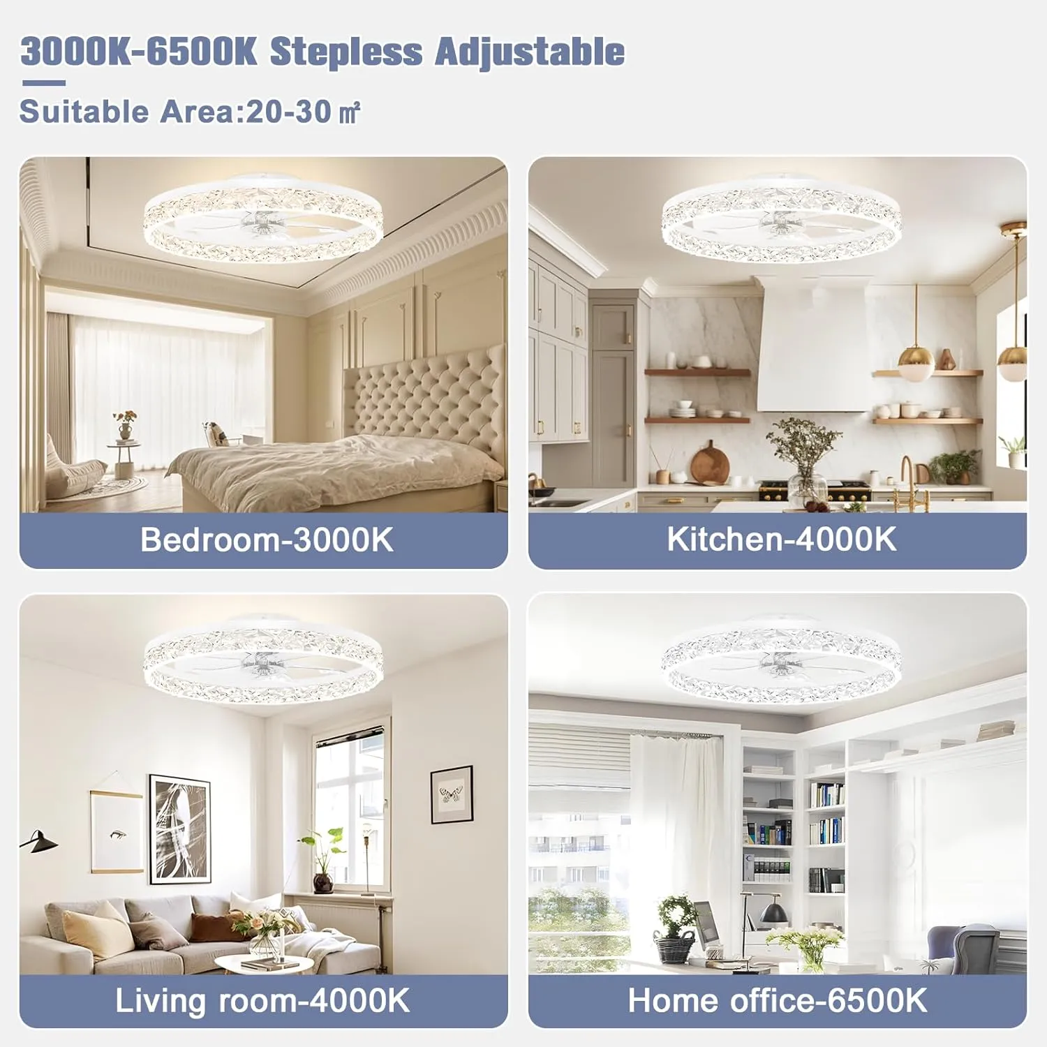 VOLISUN Fandelier Ceiling Fans with Light, 23.6in Low Profile Ceiling Fan with Light and Remote, 3000K-6500K Dimmable Bladeless Ceiling Fan Flush Mount, White Ceilings Fans for Bedroom