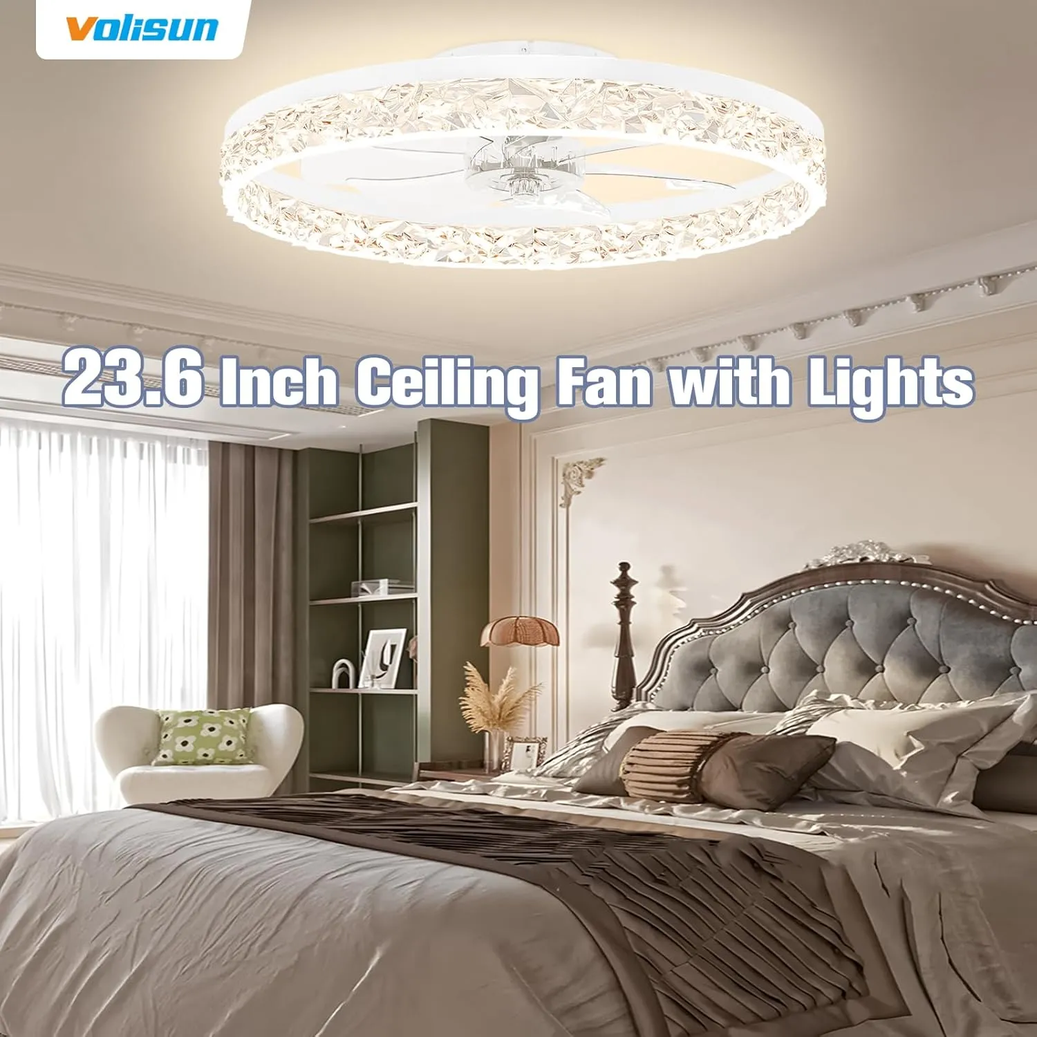 VOLISUN Fandelier Ceiling Fans with Light, 23.6in Low Profile Ceiling Fan with Light and Remote, 3000K-6500K Dimmable Bladeless Ceiling Fan Flush Mount, White Ceilings Fans for Bedroom