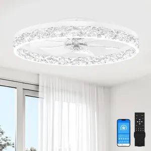 VOLISUN Fandelier Ceiling Fans with Light, 23.6in Low Profile Ceiling Fan with Light and Remote, 3000K-6500K Dimmable Bladeless Ceiling Fan Flush Mount, White Ceilings Fans for Bedroom Small bladeless fan for quiet cooling