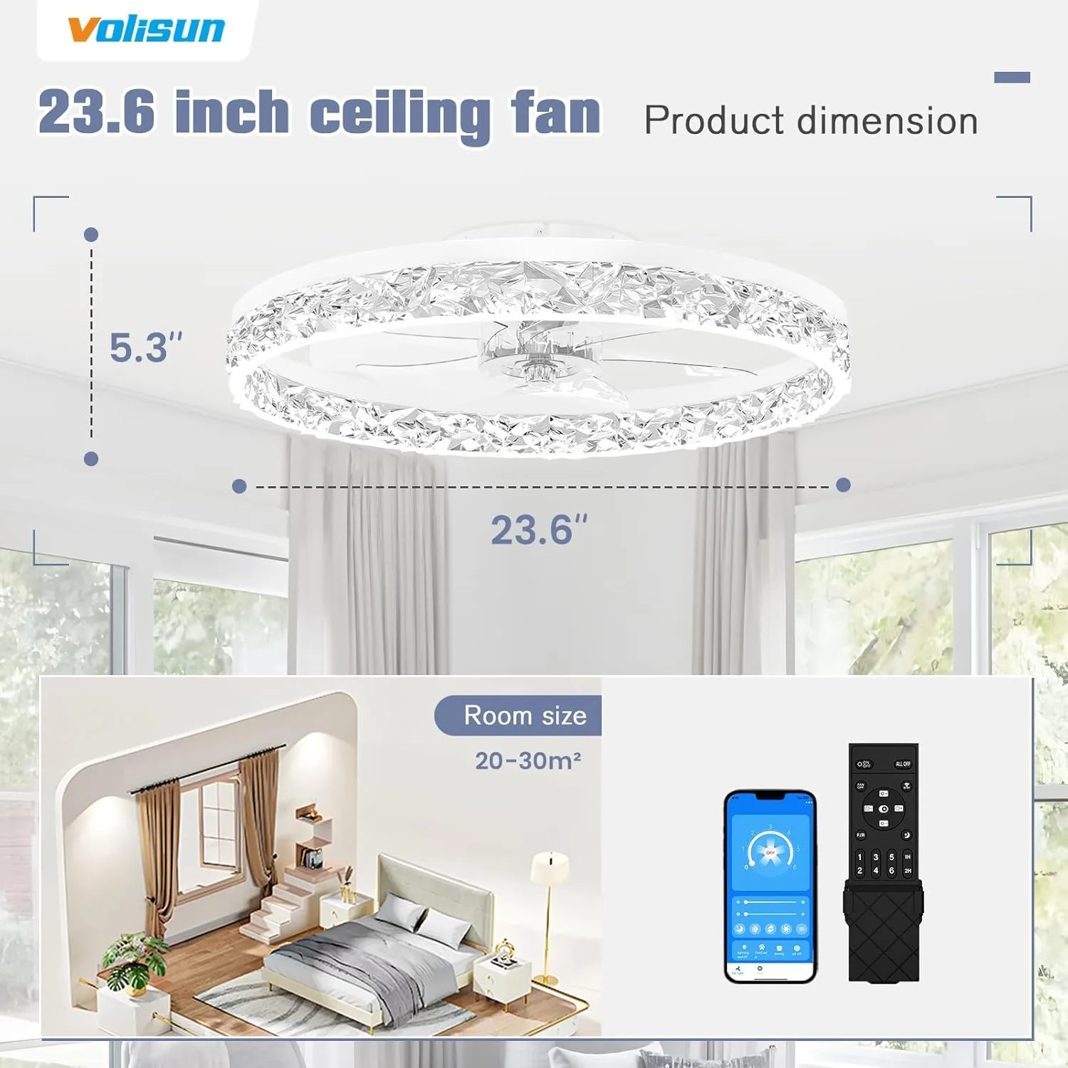 VOLISUN Fandelier Ceiling Fans with Light, 23.6in Low Profile Ceiling Fan with Light and Remote, 3000K-6500K Dimmable Bladeless Ceiling Fan Flush Mount, White Ceilings Fans for Bedroom