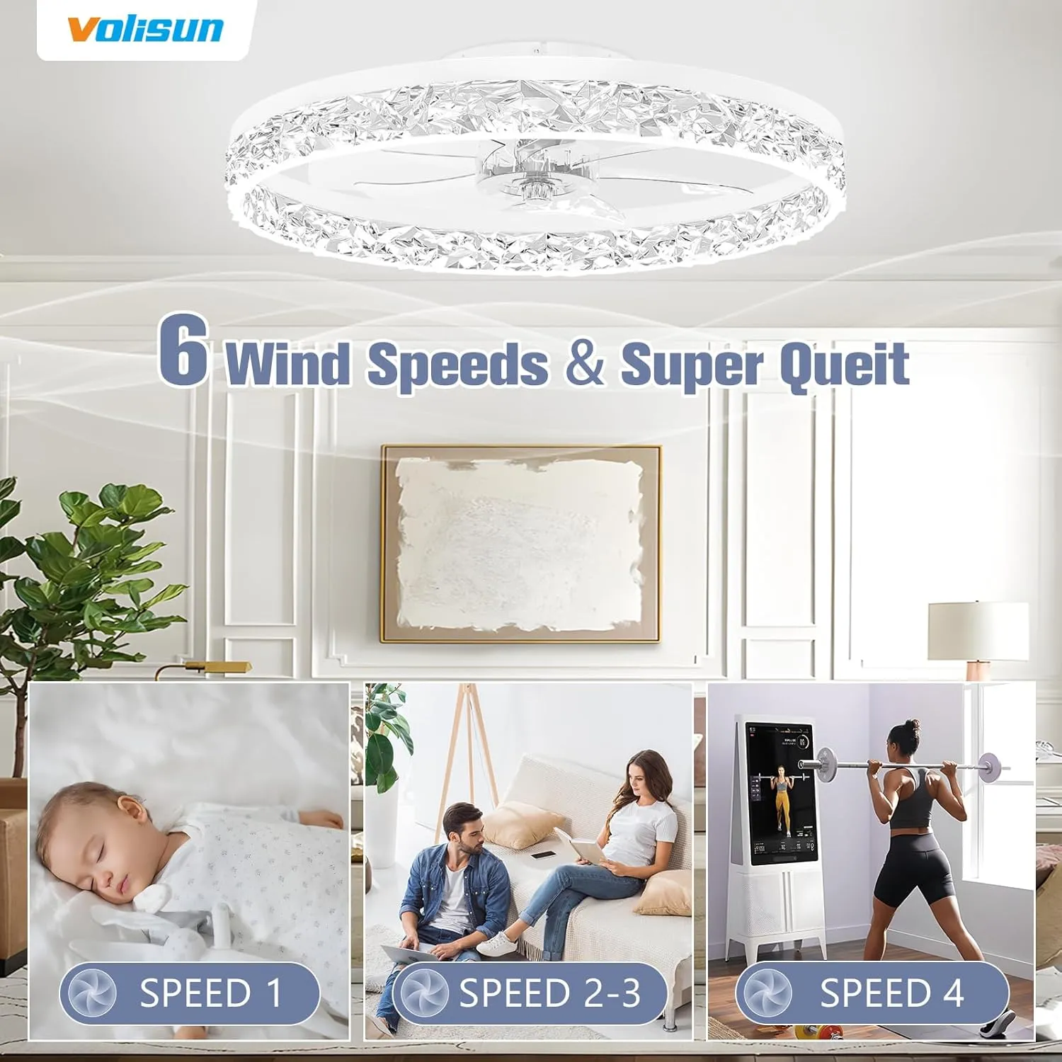 VOLISUN Fandelier Ceiling Fans with Light, 23.6in Low Profile Ceiling Fan with Light and Remote, 3000K-6500K Dimmable Bladeless Ceiling Fan Flush Mount, White Ceilings Fans for Bedroom