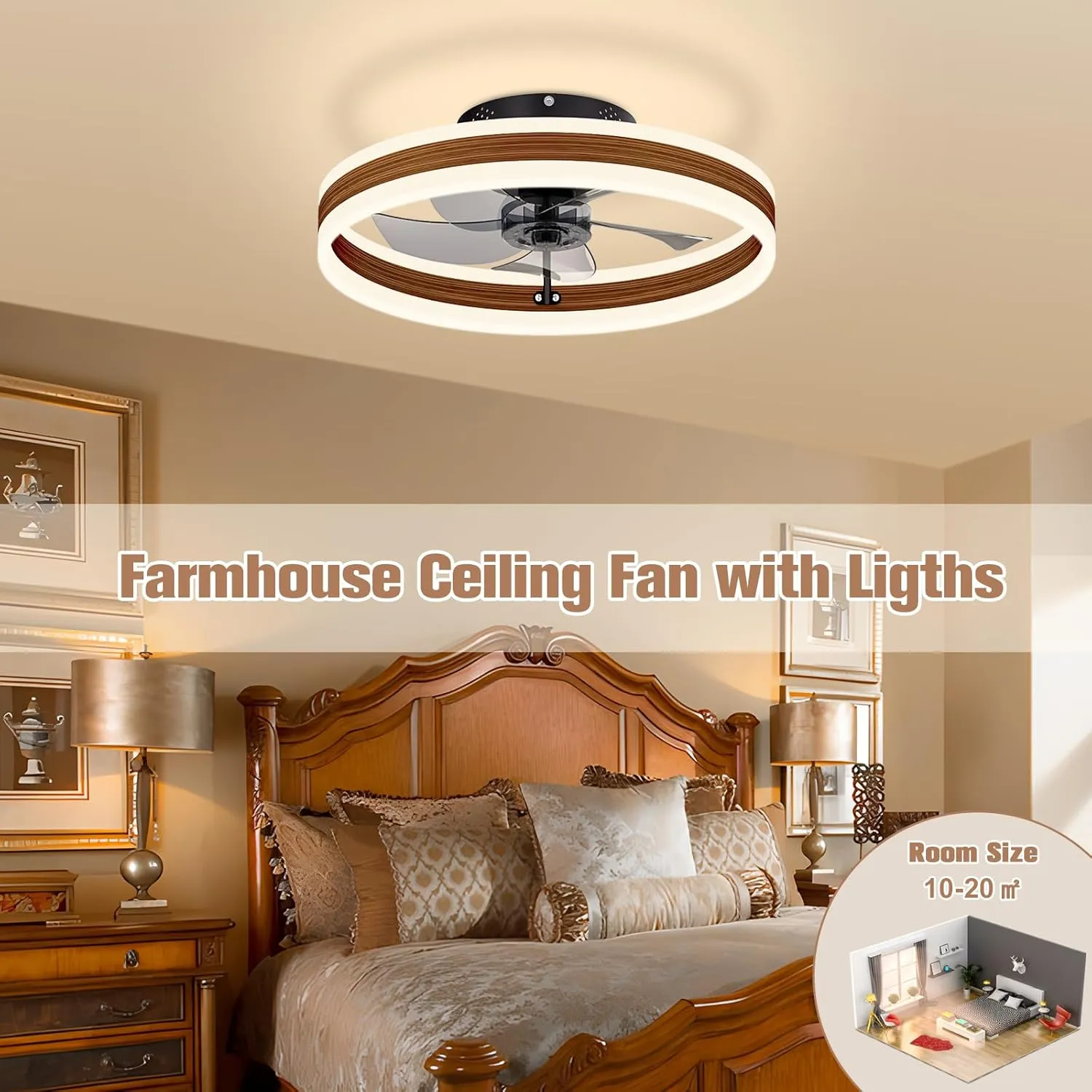 VOLISUN Fandelier Ceiling Fans with Lights and Remote, 15.7in Farmhouse Ceiling Fan Flush Mount, 3000K-6500K Dimmable Bladeless Ceiling Fan with Light, Modern Ceiling Fans with Lights for Bedroom
