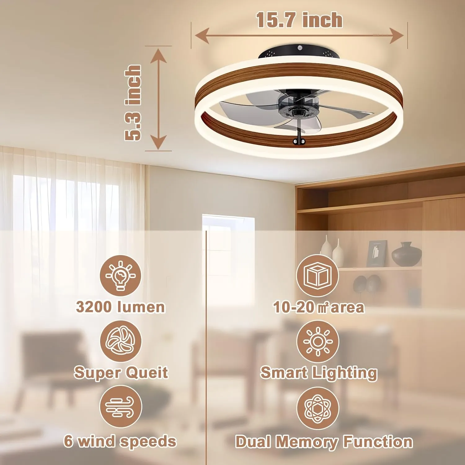 VOLISUN Fandelier Ceiling Fans with Lights and Remote, 15.7in Farmhouse Ceiling Fan Flush Mount, 3000K-6500K Dimmable Bladeless Ceiling Fan with Light, Modern Ceiling Fans with Lights for Bedroom