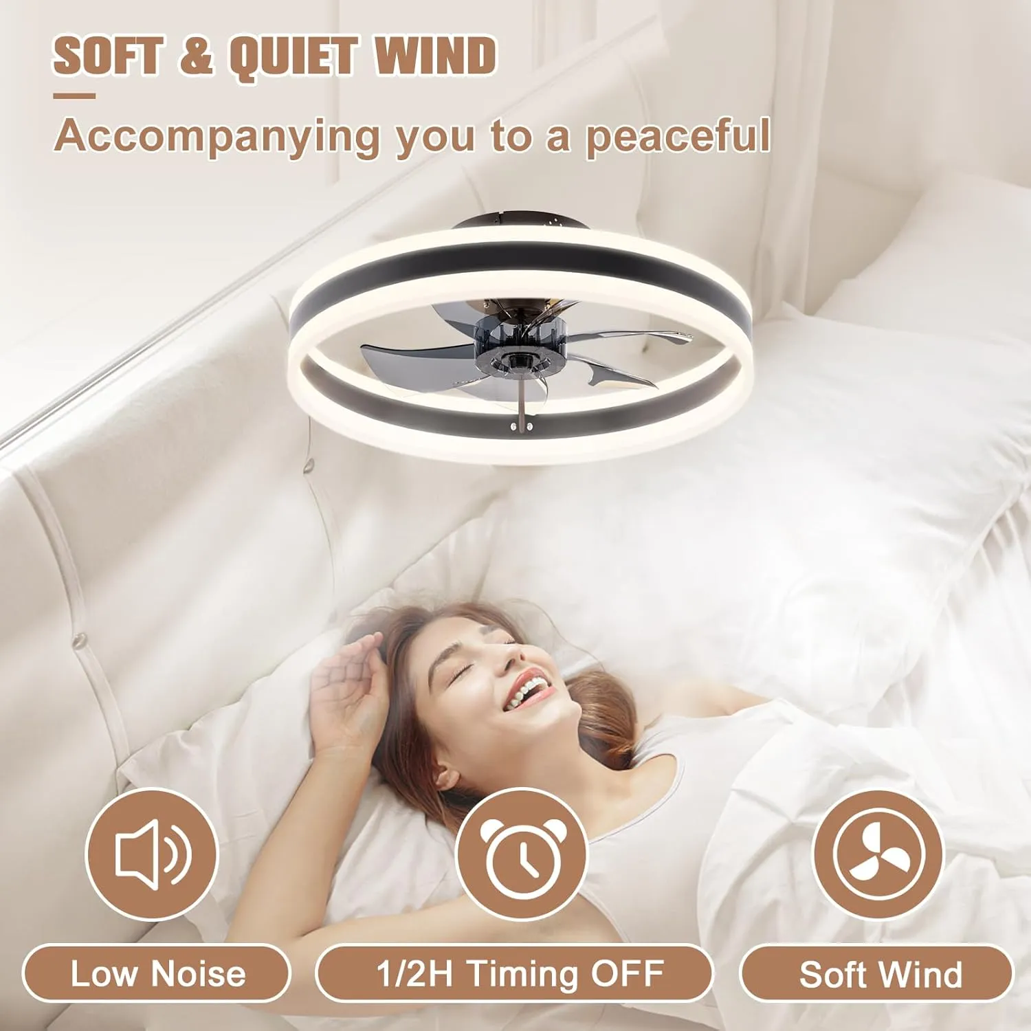 VOLISUN Fandelier Ceiling Fans with Lights and Remote, 15.7in Low Profile Ceiling Fan Flush Mount, 3000K-6500K Dimmable Bladeless LED Fan Light, Black Modern Ceiling Fans with Lights for Bedroom