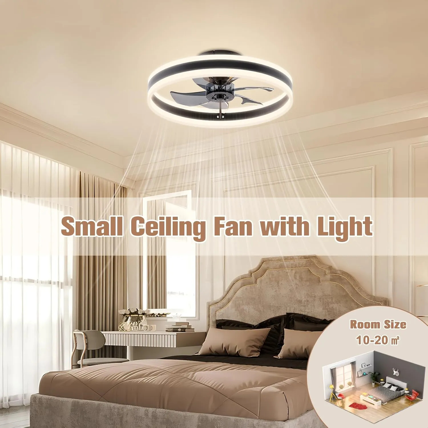 VOLISUN Fandelier Ceiling Fans with Lights and Remote, 15.7in Low Profile Ceiling Fan Flush Mount, 3000K-6500K Dimmable Bladeless LED Fan Light, Black Modern Ceiling Fans with Lights for Bedroom