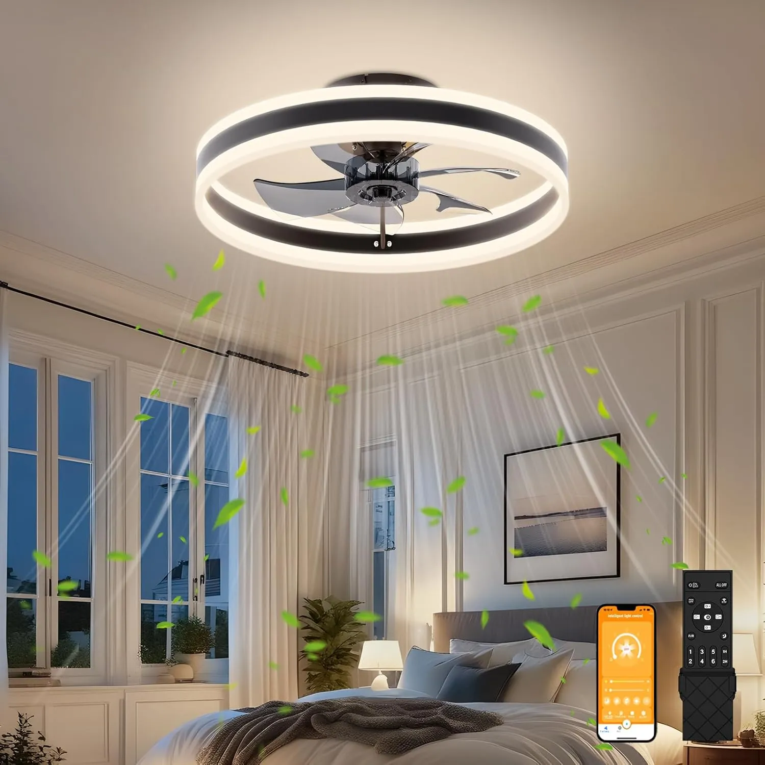 VOLISUN Fandelier Ceiling Fans with Lights and Remote, 15.7in Low Profile Ceiling Fan Flush Mount, 3000K-6500K Dimmable Bladeless LED Fan Light, Black Modern Ceiling Fans with Lights for Bedroom Fan with safety blade design