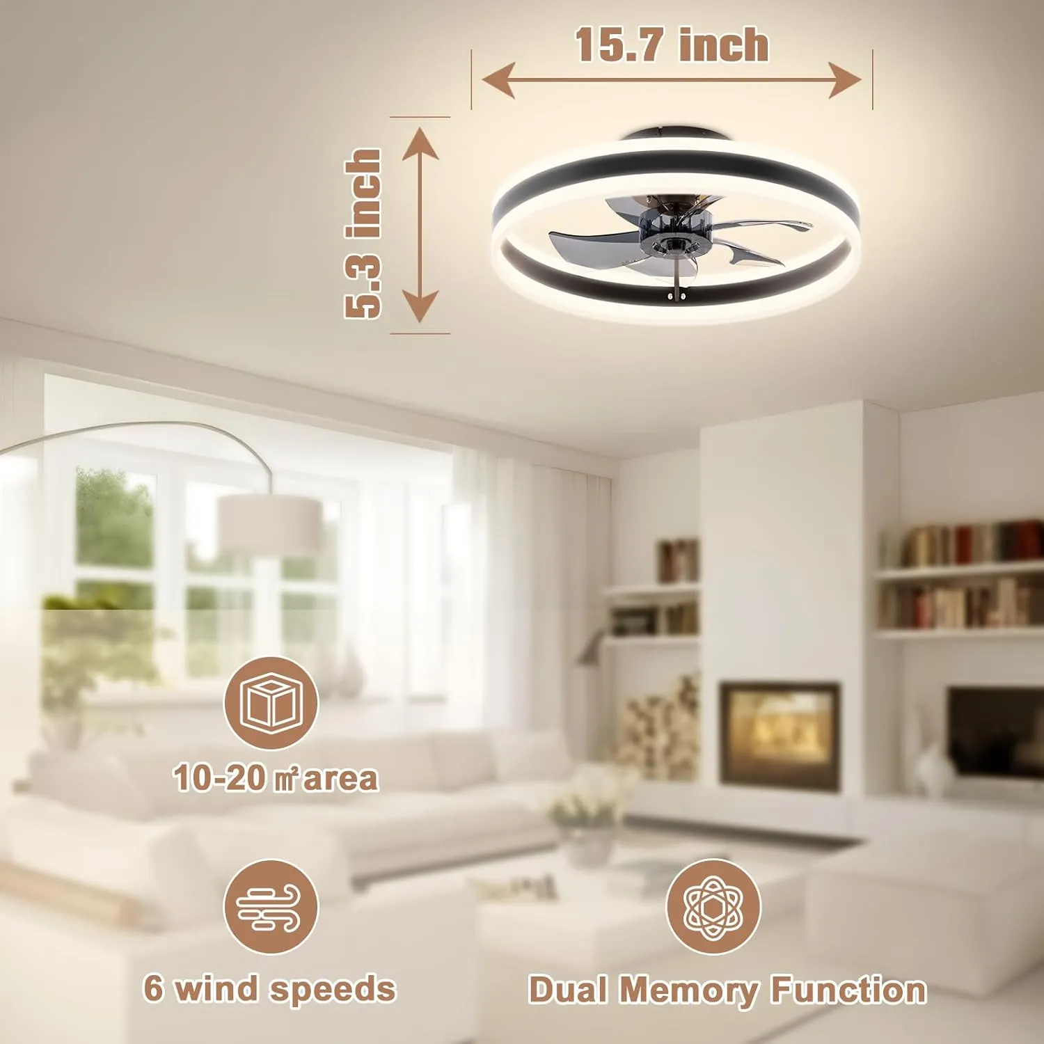 VOLISUN Fandelier Ceiling Fans with Lights and Remote, 15.7in Low Profile Ceiling Fan Flush Mount, 3000K-6500K Dimmable Bladeless LED Fan Light, Black Modern Ceiling Fans with Lights for Bedroom