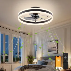 VOLISUN Fandelier Ceiling Fans with Lights and Remote, 15.7in Low Profile Ceiling Fan Flush Mount, 3000K-6500K Dimmable Bladeless LED Fan Light, Black Modern Ceiling Fans with Lights for Bedroom Fan with safety blade design