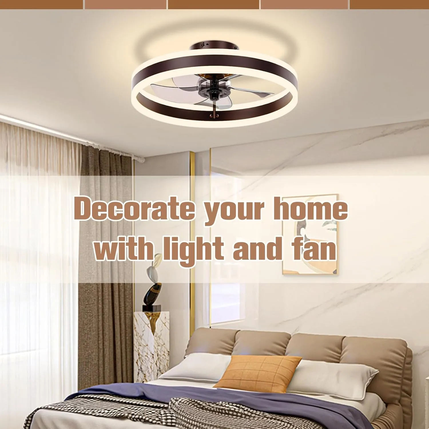 VOLISUN Fandelier Ceiling Fans with Lights and Remote, 15.7in Low Profile Ceiling Fan Flush Mount, 3000K-6500K Dimmable Bladeless LED Fan Light, Brown Modern Ceiling Fans with Lights for Bedroom