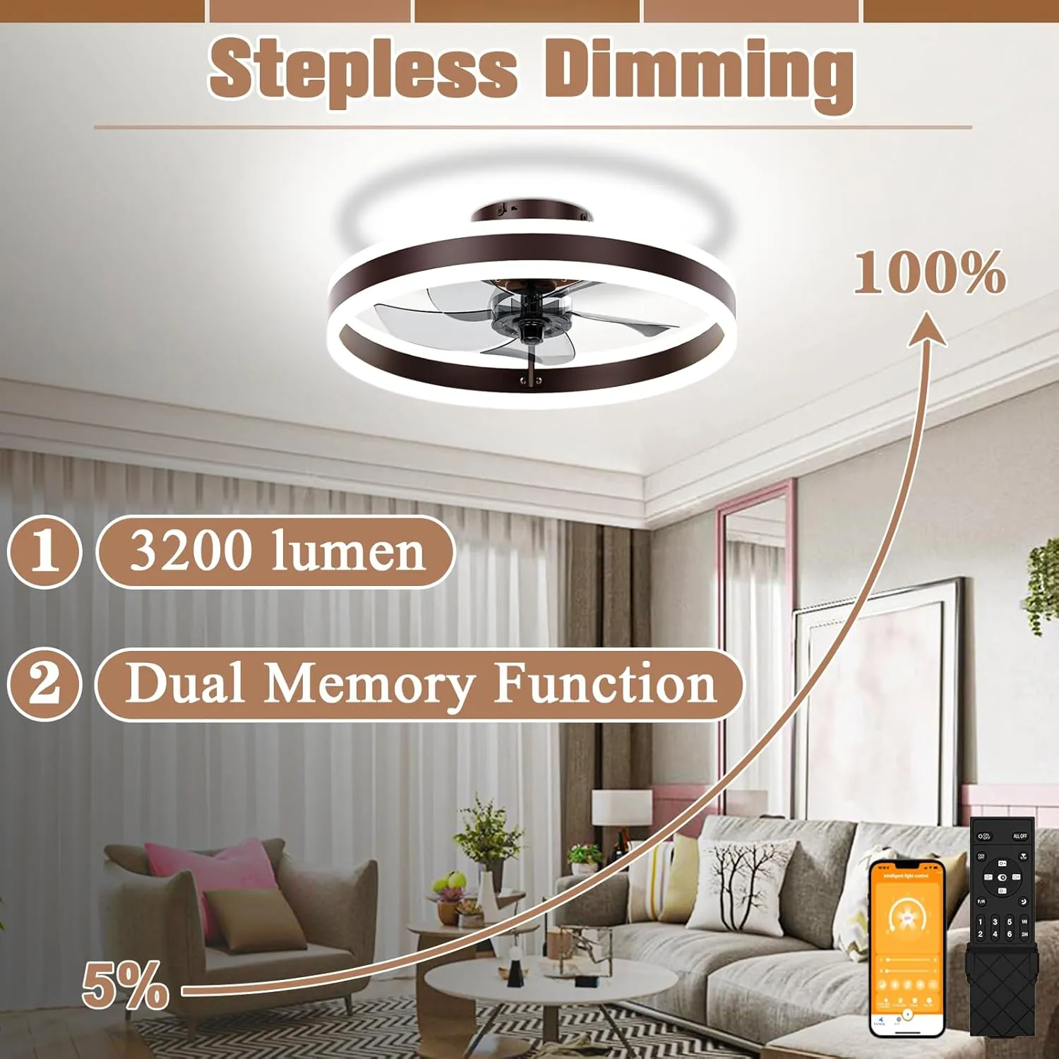 VOLISUN Fandelier Ceiling Fans with Lights and Remote, 15.7in Low Profile Ceiling Fan Flush Mount, 3000K-6500K Dimmable Bladeless LED Fan Light, Brown Modern Ceiling Fans with Lights for Bedroom