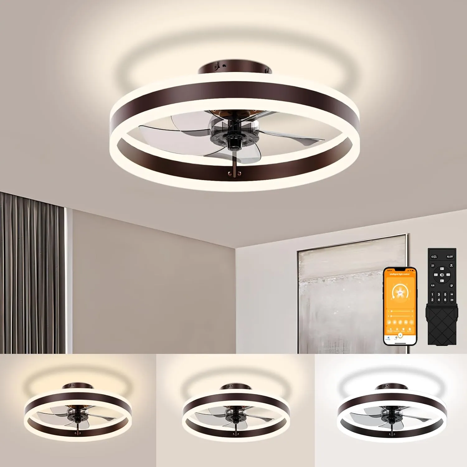 VOLISUN Fandelier Ceiling Fans with Lights and Remote, 15.7in Low Profile Ceiling Fan Flush Mount, 3000K-6500K Dimmable Bladeless LED Fan Light, Brown Modern Ceiling Fans with Lights for Bedroom Fan with safety blade design