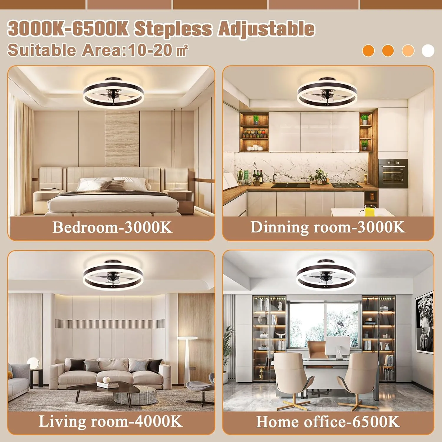 VOLISUN Fandelier Ceiling Fans with Lights and Remote, 15.7in Low Profile Ceiling Fan Flush Mount, 3000K-6500K Dimmable Bladeless LED Fan Light, Brown Modern Ceiling Fans with Lights for Bedroom