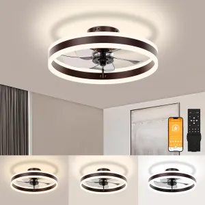 VOLISUN Fandelier Ceiling Fans with Lights and Remote, 15.7in Low Profile Ceiling Fan Flush Mount, 3000K-6500K Dimmable Bladeless LED Fan Light, Brown Modern Ceiling Fans with Lights for Bedroom Fan with safety blade design