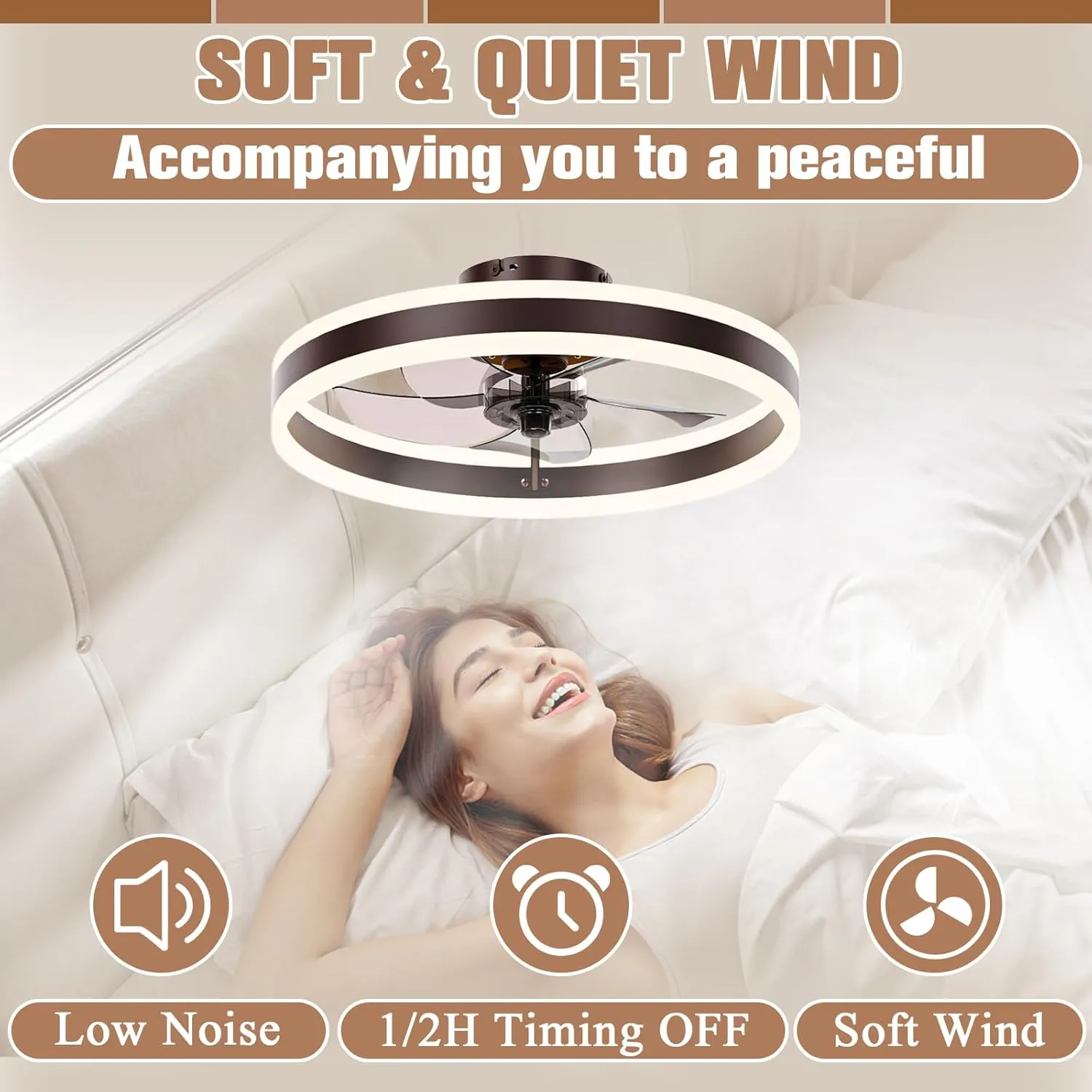 VOLISUN Fandelier Ceiling Fans with Lights and Remote, 15.7in Low Profile Ceiling Fan Flush Mount, 3000K-6500K Dimmable Bladeless LED Fan Light, Brown Modern Ceiling Fans with Lights for Bedroom