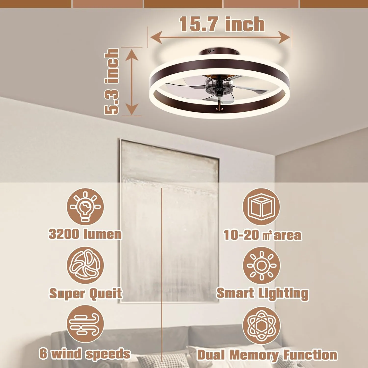 VOLISUN Fandelier Ceiling Fans with Lights and Remote, 15.7in Low Profile Ceiling Fan Flush Mount, 3000K-6500K Dimmable Bladeless LED Fan Light, Brown Modern Ceiling Fans with Lights for Bedroom