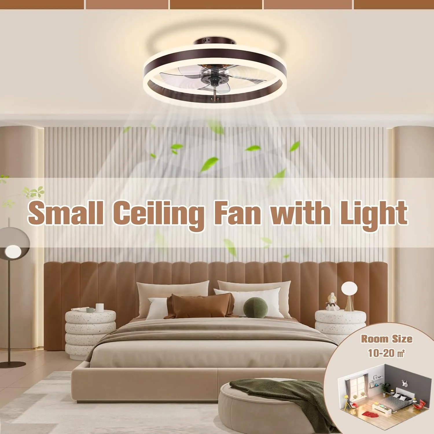 VOLISUN Fandelier Ceiling Fans with Lights and Remote, 15.7in Low Profile Ceiling Fan Flush Mount, 3000K-6500K Dimmable Bladeless LED Fan Light, Brown Modern Ceiling Fans with Lights for Bedroom