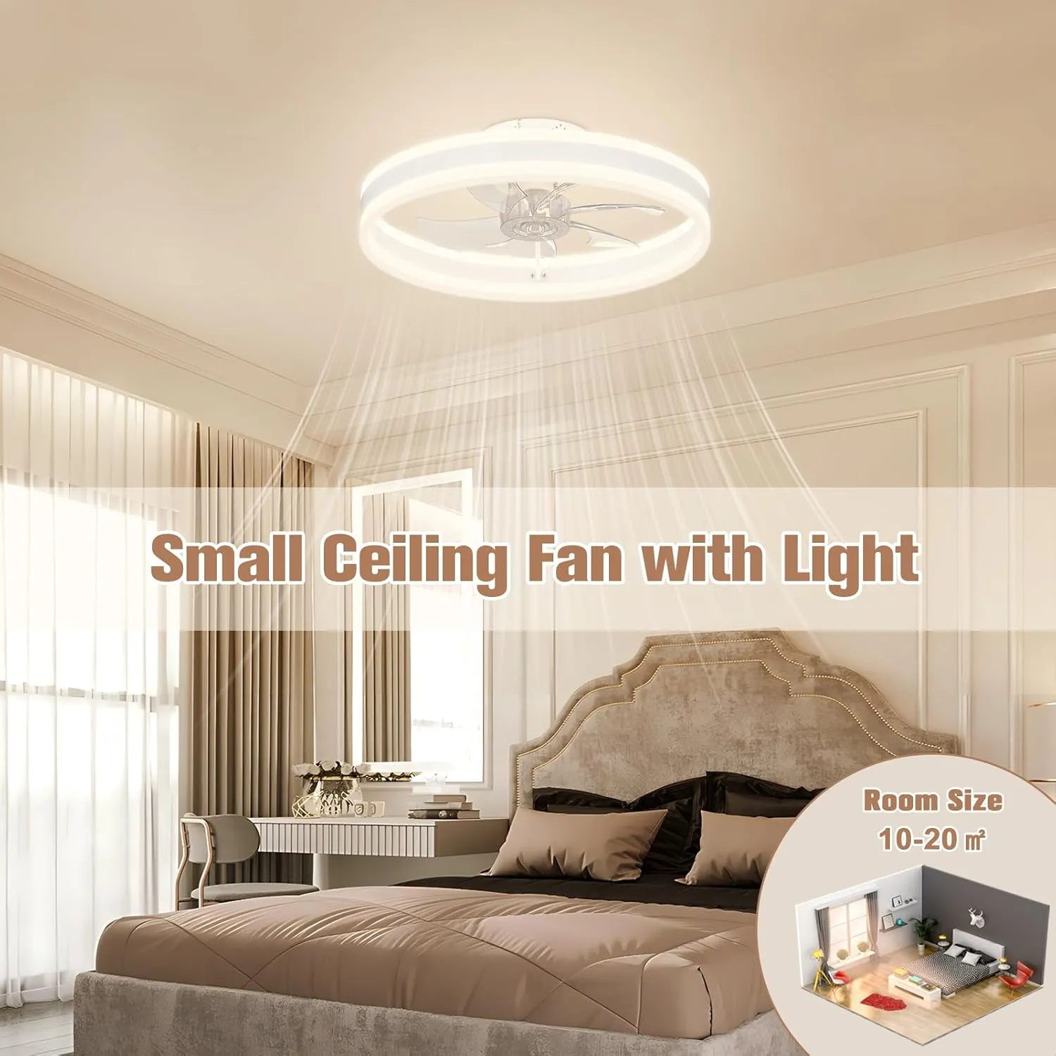 VOLISUN Fandelier Ceiling Fans with Lights and Remote, 15.7in Low Profile Ceiling Fan Flush Mount, 3000K-6500K Dimmable Bladeless LED Fan Light, White Modern Ceiling Fans with Lights for Bedroom
