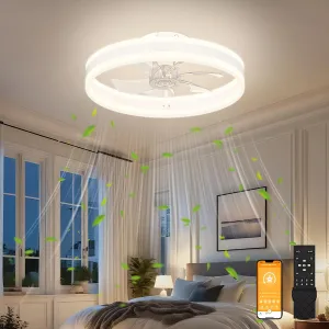 VOLISUN Fandelier Ceiling Fans with Lights and Remote, 15.7in Low Profile Ceiling Fan Flush Mount, 3000K-6500K Dimmable Bladeless LED Fan Light, White Modern Ceiling Fans with Lights for Bedroom Fan with safety blade design