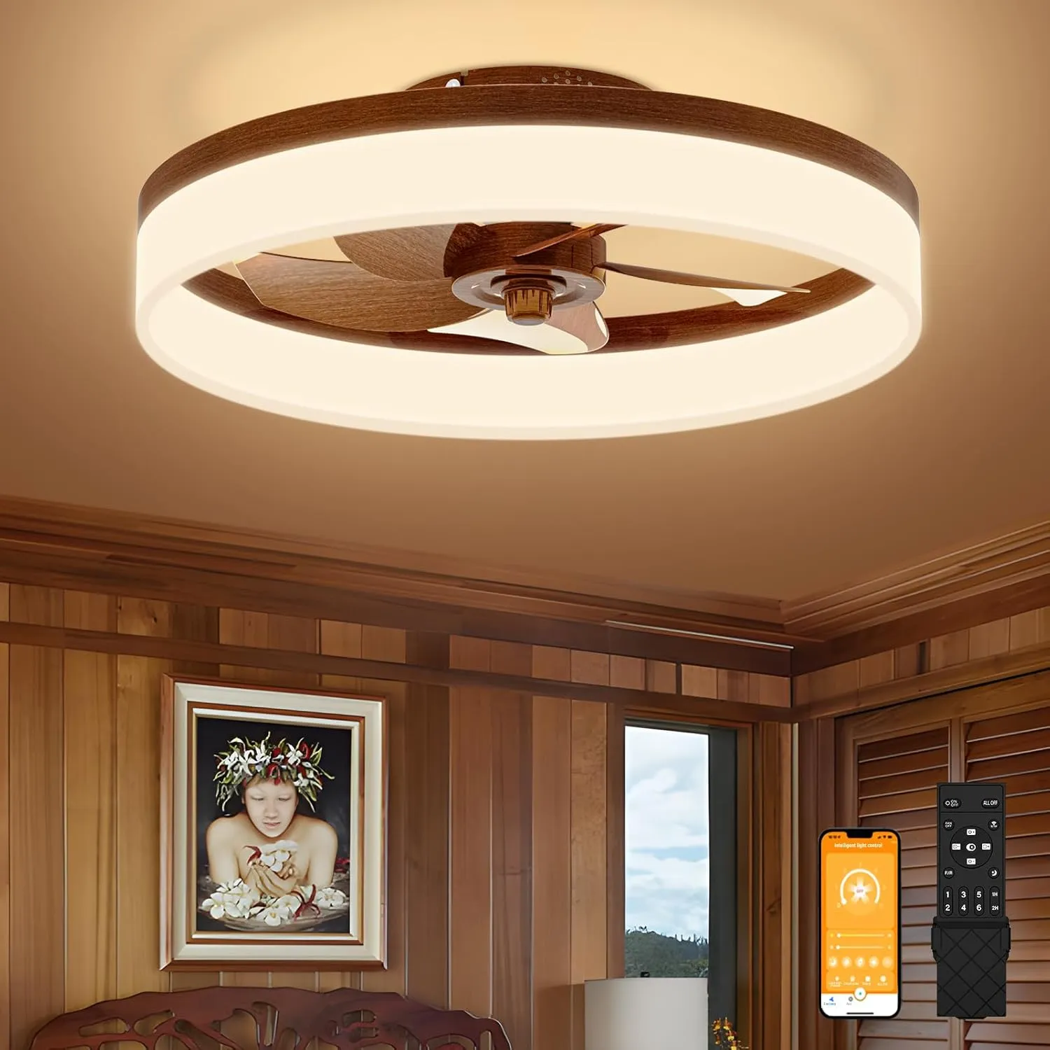 VOLISUN Farmhouse Ceiling Fans with Lights and Remote, 19.7in Low Profile Ceiling Fan Flush Mount, 3000K-6500K Dimmable Bladeless LED Fan Light, Fandelier Ceiling Fans with Lights for Bedroom(Walnut) Small bladeless fan for quiet cooling
