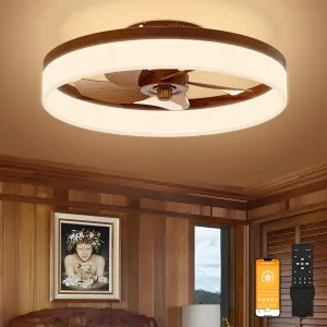 VOLISUN Farmhouse Ceiling Fans with Lights and Remote, 19.7in Low Profile Ceiling Fan Flush Mount, 3000K-6500K Dimmable Bladeless LED Fan Light, Fandelier Ceiling Fans with Lights for Bedroom(Walnut) Small bladeless fan for quiet cooling