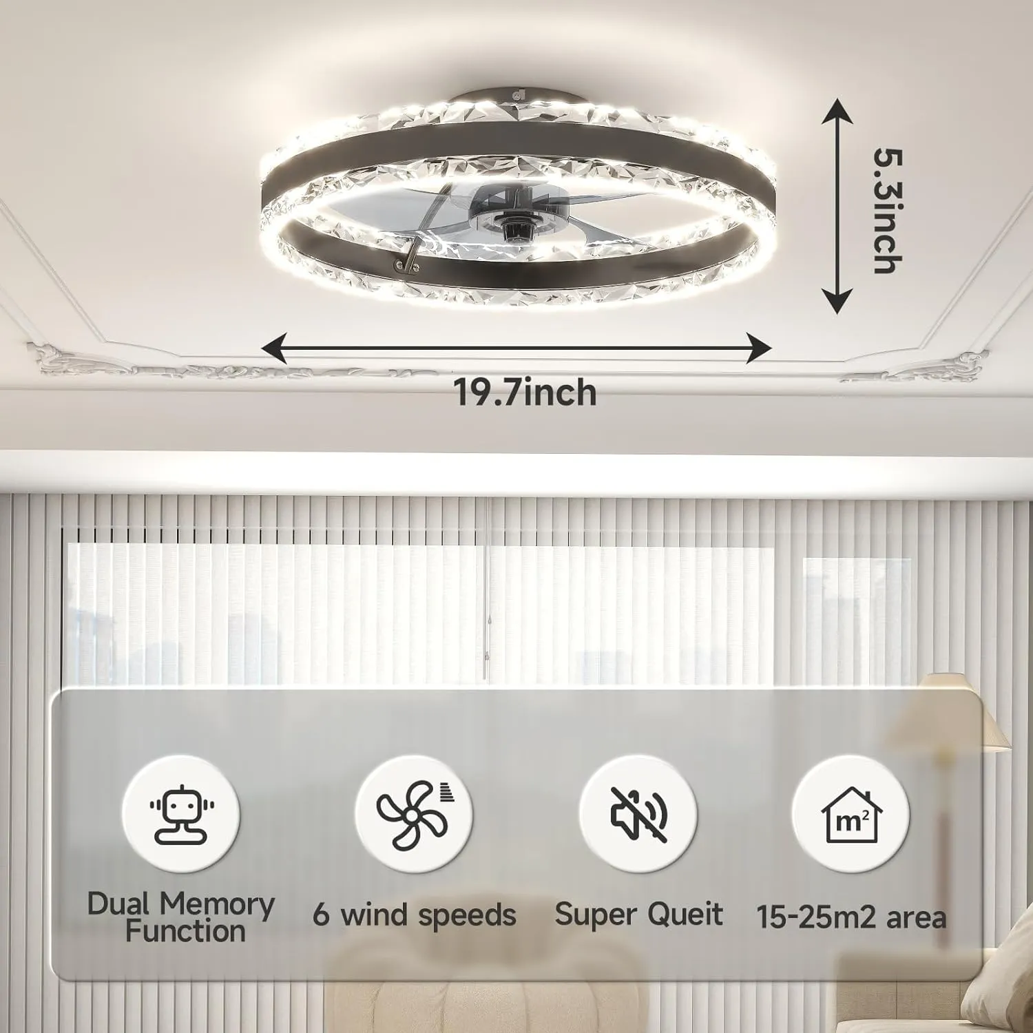 VOLISUN Low Profile Ceiling Fans with Light and Remote, 19.7in Fandelier Ceiling Fan with Light, 3000K-6500K Dimmable Flush Mount LED Ceiling Fan Light, Black Modern Ceiling Fan Light for Bedroom