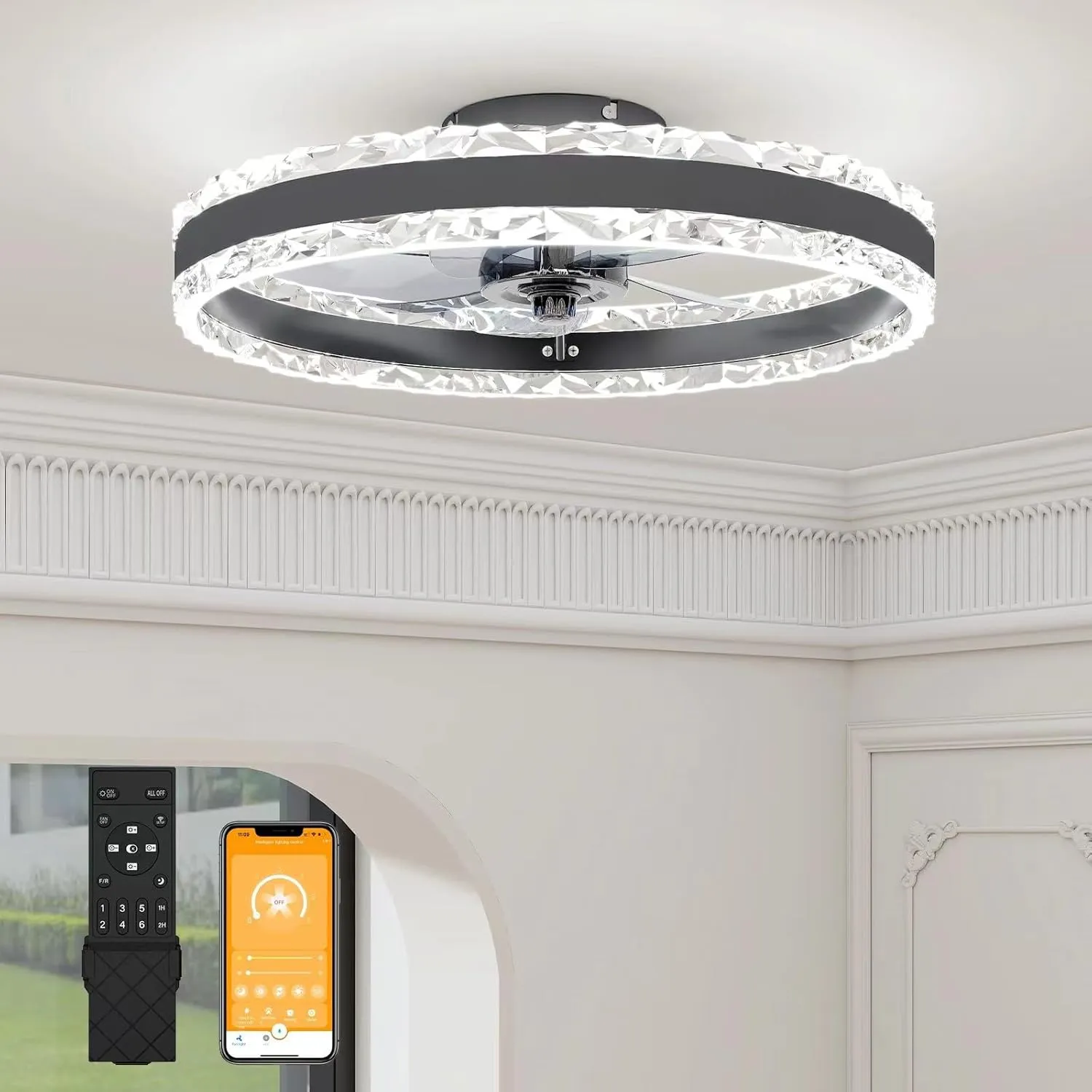 VOLISUN Low Profile Ceiling Fans with Light and Remote, 19.7in Fandelier Ceiling Fan with Light, 3000K-6500K Dimmable Flush Mount LED Ceiling Fan Light, Black Modern Ceiling Fan Light for Bedroom Fan with safety blade design