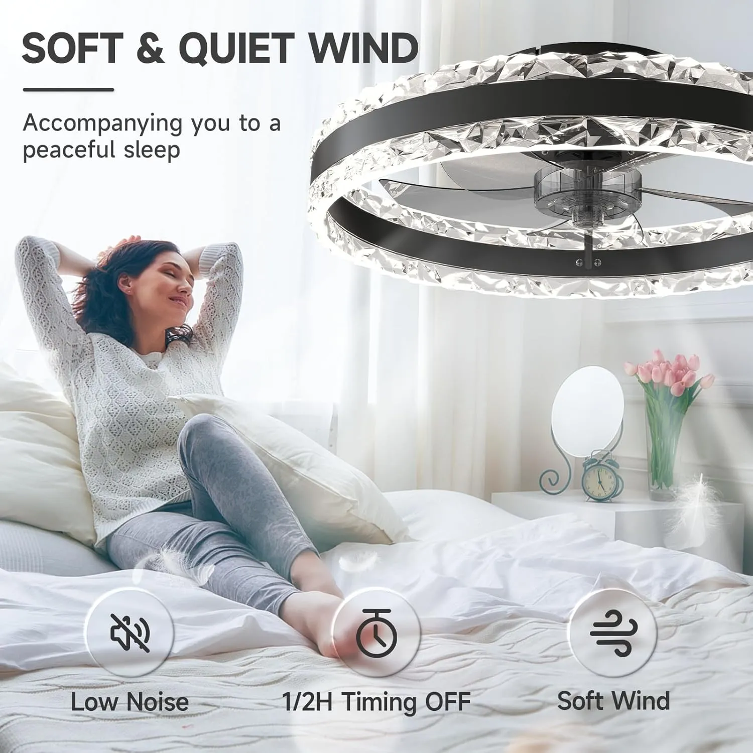 VOLISUN Low Profile Ceiling Fans with Light and Remote, 19.7in Fandelier Ceiling Fan with Light, 3000K-6500K Dimmable Flush Mount LED Ceiling Fan Light, Black Modern Ceiling Fan Light for Bedroom