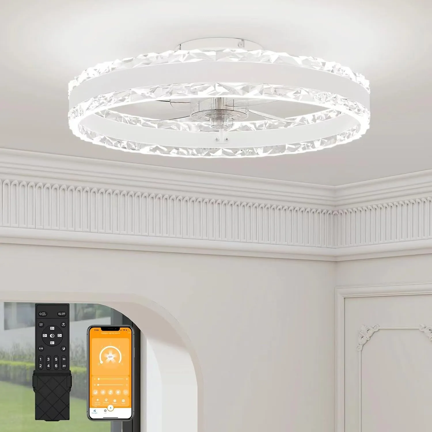 VOLISUN Low Profile Ceiling Fans with Light and Remote, 19.7in Fandelier Ceiling Fan with Light, 3000K-6500K Dimmable Flush Mount LED Ceiling Fan Light, White Modern Ceiling Fan Light for Bedroom Fan with safety blade design