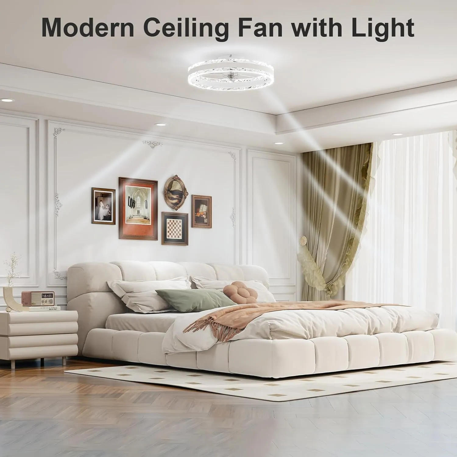 VOLISUN Low Profile Ceiling Fans with Light and Remote, 19.7in Fandelier Ceiling Fan with Light, 3000K-6500K Dimmable Flush Mount LED Ceiling Fan Light, White Modern Ceiling Fan Light for Bedroom