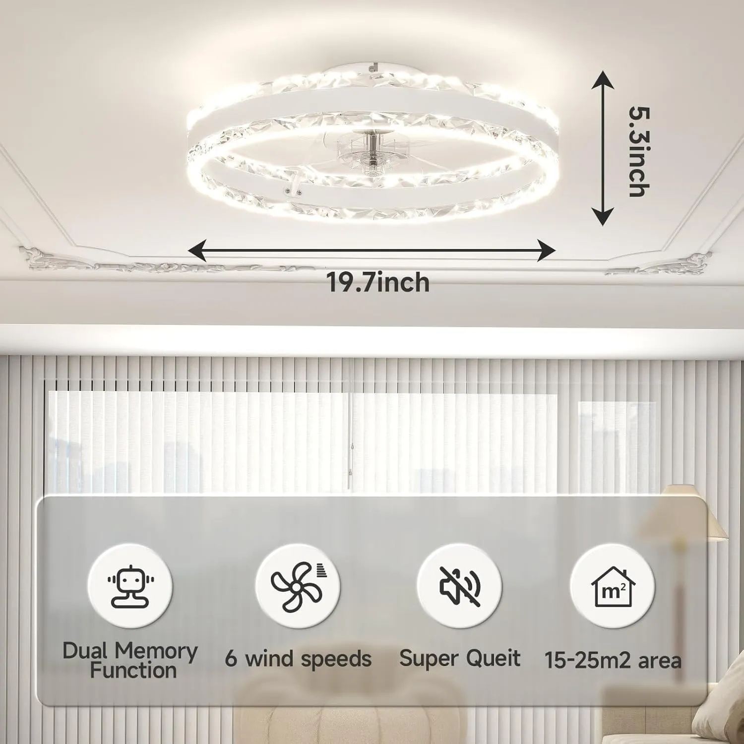 VOLISUN Low Profile Ceiling Fans with Light and Remote, 19.7in Fandelier Ceiling Fan with Light, 3000K-6500K Dimmable Flush Mount LED Ceiling Fan Light, White Modern Ceiling Fan Light for Bedroom