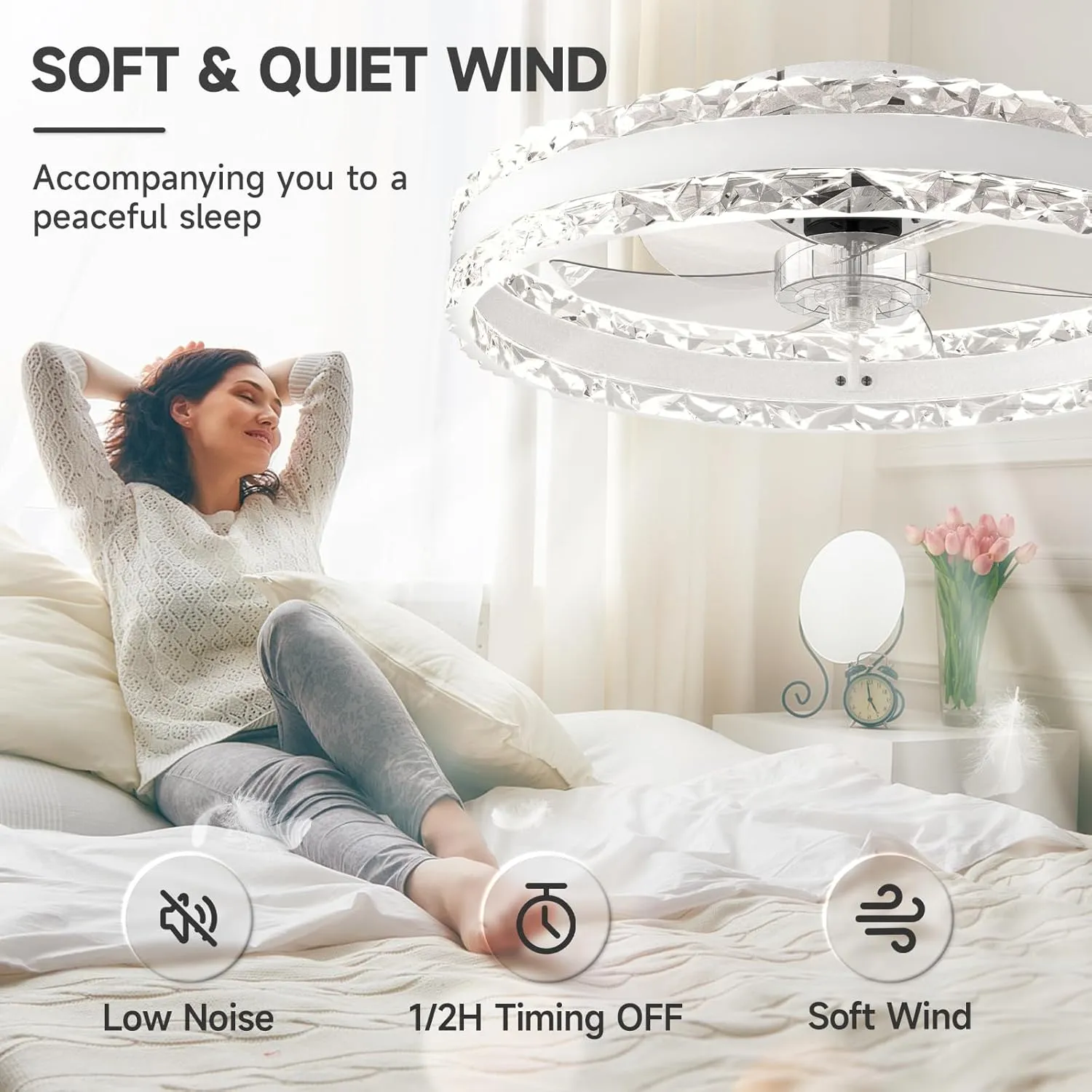 VOLISUN Low Profile Ceiling Fans with Light and Remote, 19.7in Fandelier Ceiling Fan with Light, 3000K-6500K Dimmable Flush Mount LED Ceiling Fan Light, White Modern Ceiling Fan Light for Bedroom