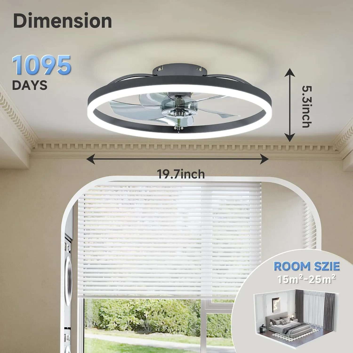 VOLISUN Low Profile Ceiling Fans with Light and Remote,19.7in Fandelier Ceiling Fan with Lights, 3000K-6500K Dimmable Flush Mount LED Fan Light, Black Bladeless Ceiling Fans with Lights for Bedroom