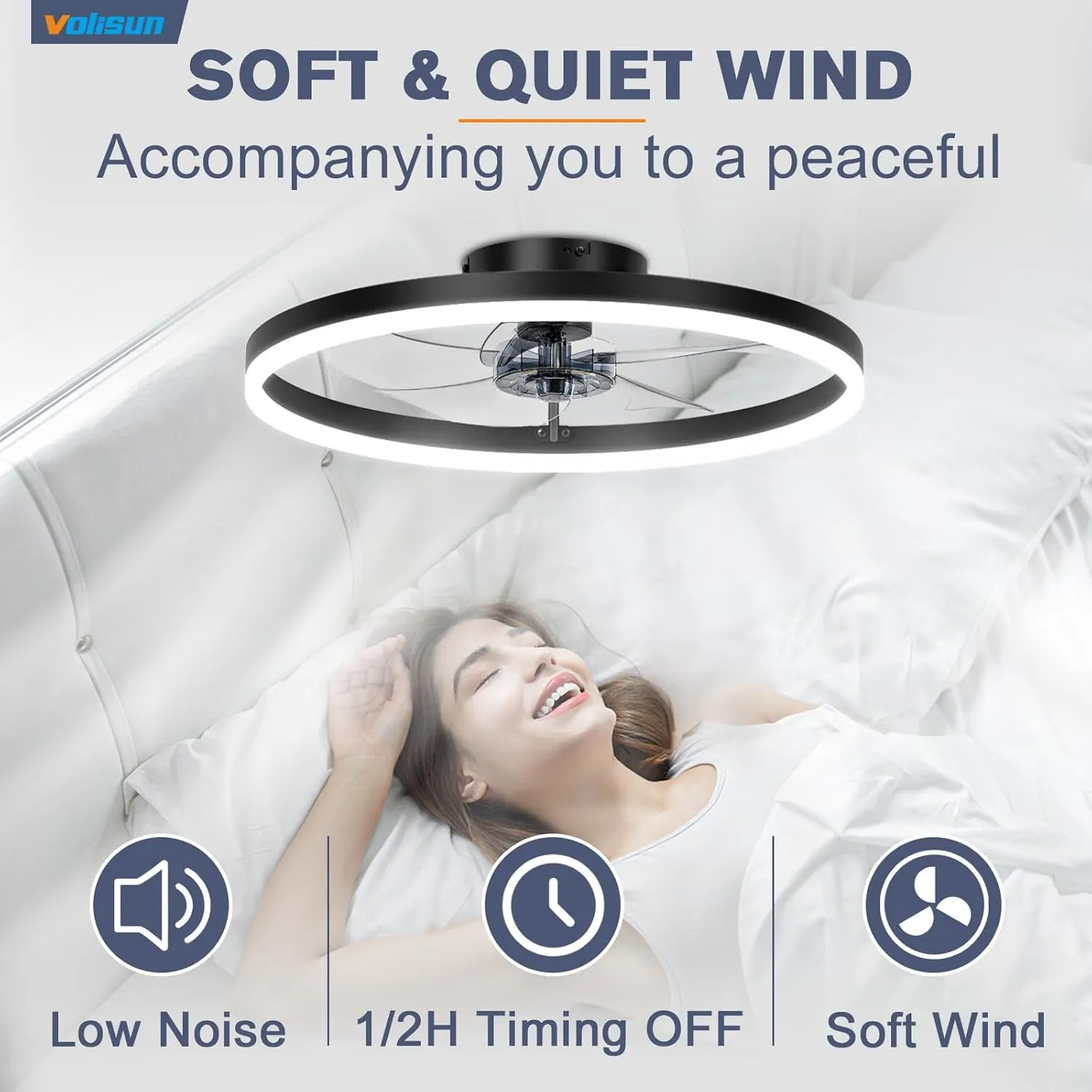 VOLISUN Low Profile Ceiling Fans with Light and Remote,19.7in Fandelier Ceiling Fan with Lights, 3000K-6500K Dimmable Flush Mount LED Fan Light, Black Bladeless Ceiling Fans with Lights for Bedroom