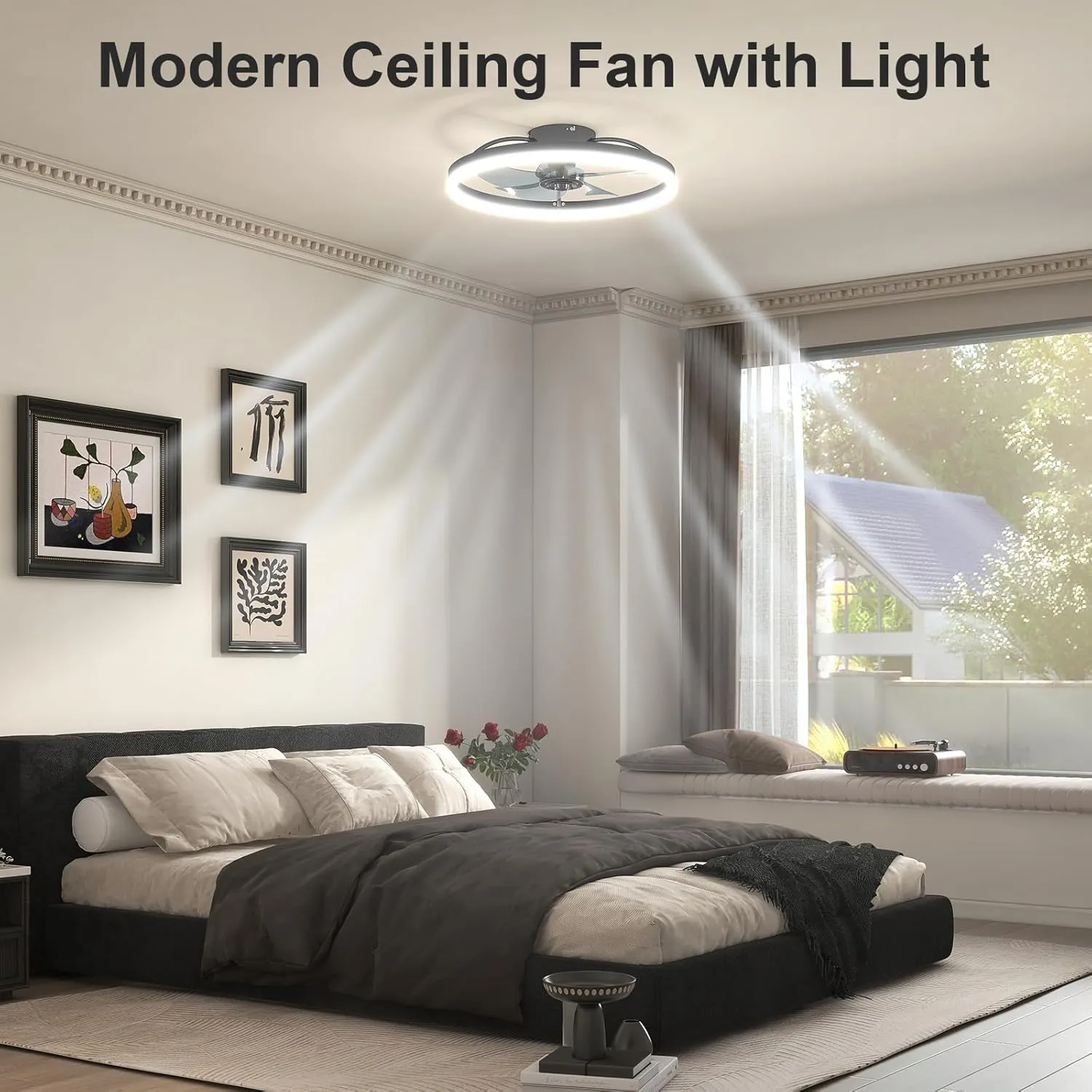 VOLISUN Low Profile Ceiling Fans with Light and Remote,19.7in Fandelier Ceiling Fan with Lights, 3000K-6500K Dimmable Flush Mount LED Fan Light, Black Bladeless Ceiling Fans with Lights for Bedroom