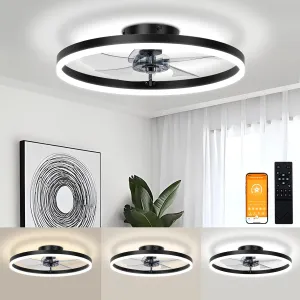 VOLISUN Low Profile Ceiling Fans with Light and Remote,19.7in Fandelier Ceiling Fan with Lights, 3000K-6500K Dimmable Flush Mount LED Fan Light, Black Bladeless Ceiling Fans with Lights for Bedroom Small bladeless fan for quiet cooling