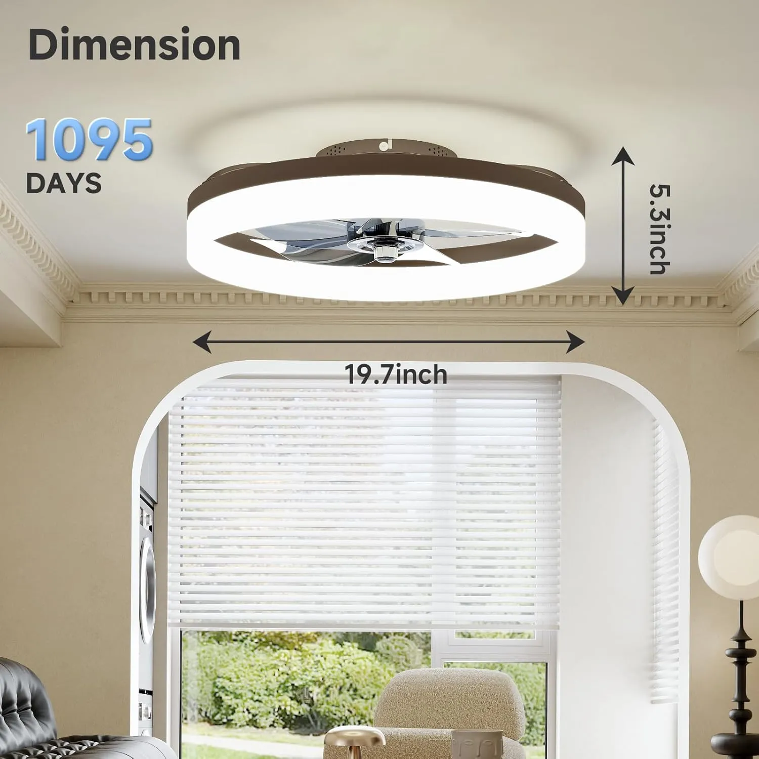 VOLISUN Low Profile Ceiling Fans with Lights and Remote, 19.7in Fandelier Ceiling Fan with Light, 3000K-6500K Dimmable Bladeless LED Fan Light, Brown Flush Mount Ceiling Fans with Lights for Bedroom