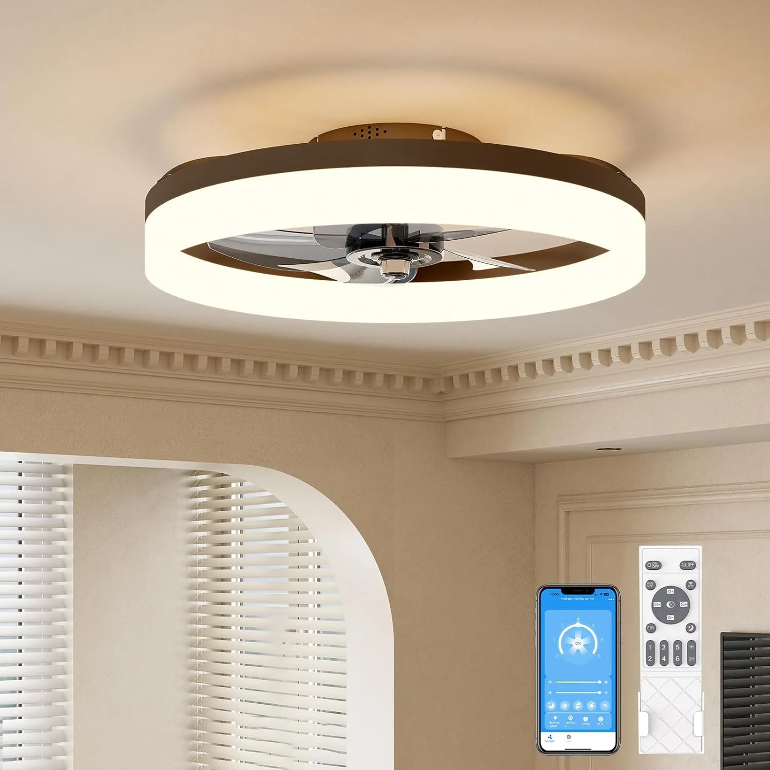 VOLISUN Low Profile Ceiling Fans with Lights and Remote, 19.7in Fandelier Ceiling Fan with Light, 3000K-6500K Dimmable Bladeless LED Fan Light, Brown Flush Mount Ceiling Fans with Lights for Bedroom Small bladeless fan for quiet cooling