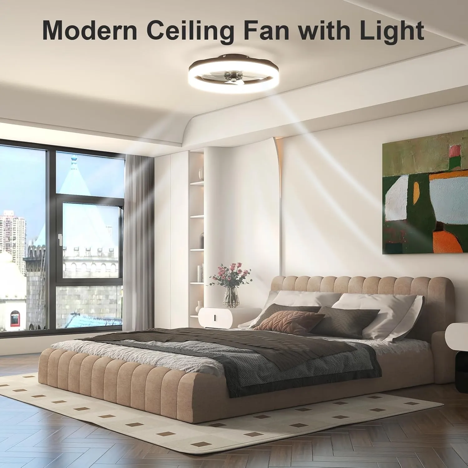 VOLISUN Low Profile Ceiling Fans with Lights and Remote, 19.7in Fandelier Ceiling Fan with Light, 3000K-6500K Dimmable Bladeless LED Fan Light, Brown Flush Mount Ceiling Fans with Lights for Bedroom