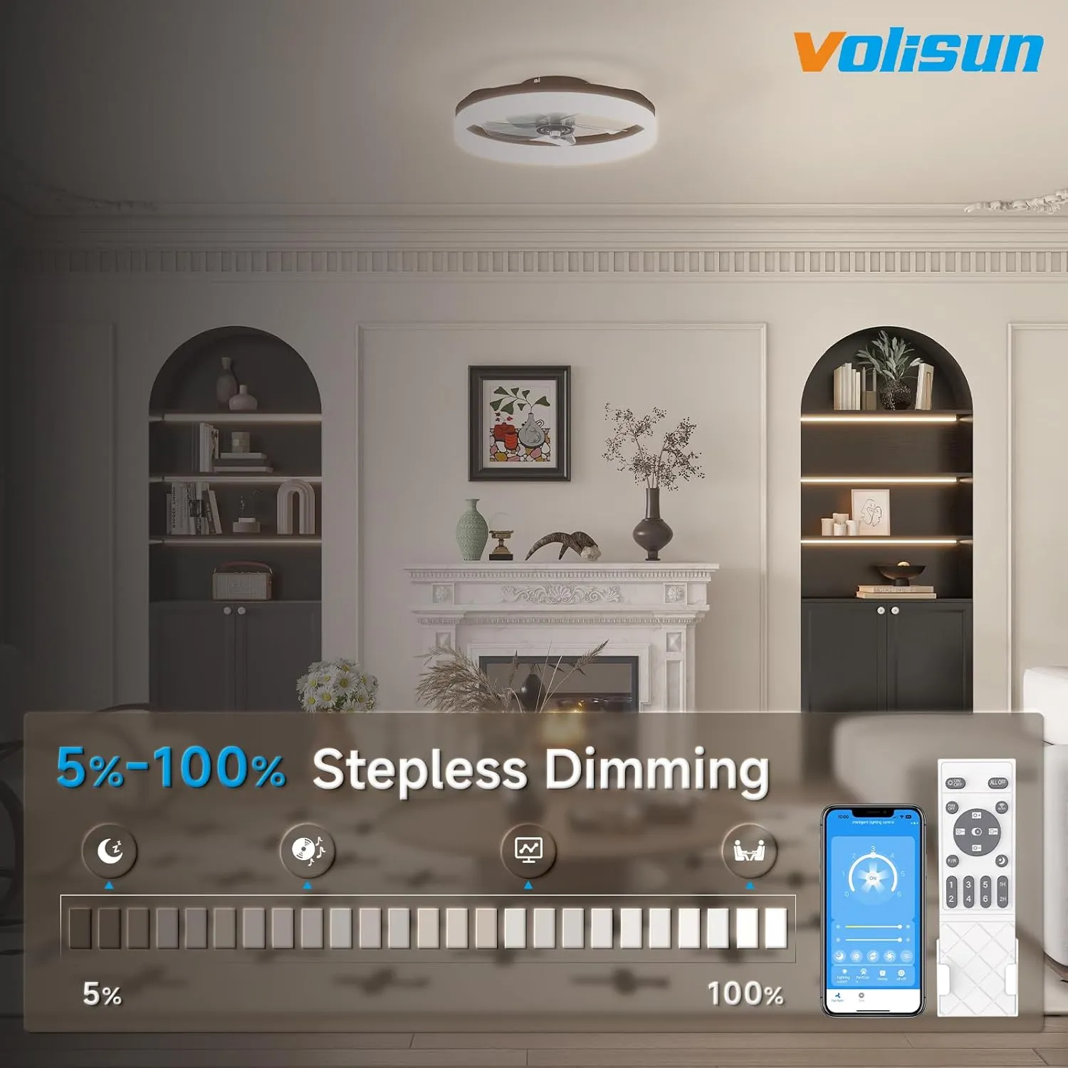 VOLISUN Low Profile Ceiling Fans with Lights and Remote, 19.7in Fandelier Ceiling Fan with Light, 3000K-6500K Dimmable Bladeless LED Fan Light, Brown Flush Mount Ceiling Fans with Lights for Bedroom